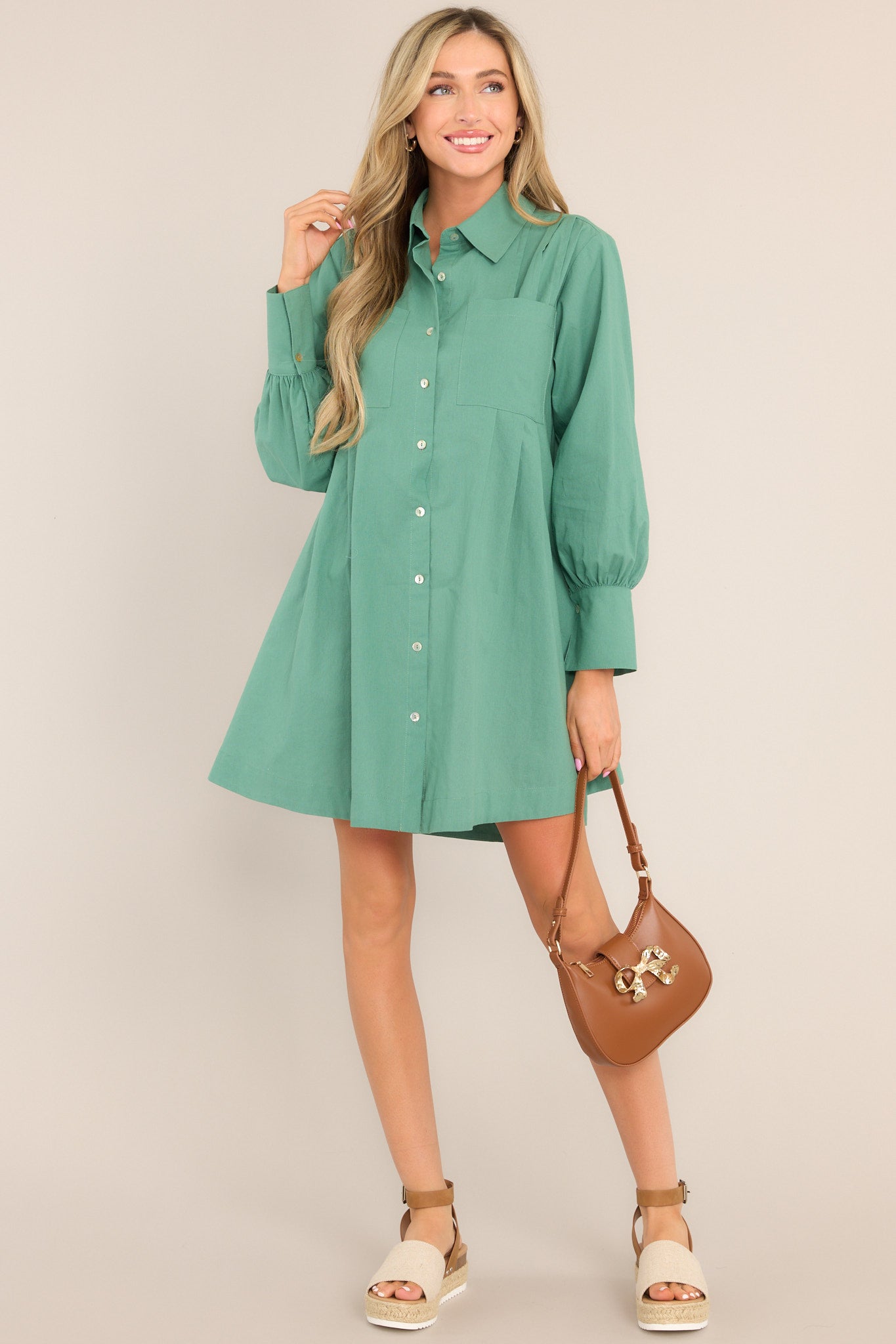 Game Changer Sage Green Mini Shirt Dress - Red Dress