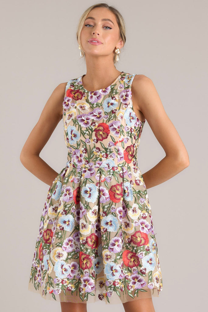 Natural Floral Embroidered Mini Dress - All Dresses | Red Dress