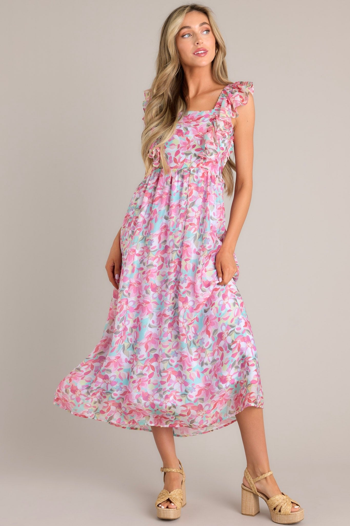 Garden Gala Pink Floral Ruffle Sleeve Midi Dress - Red Dress