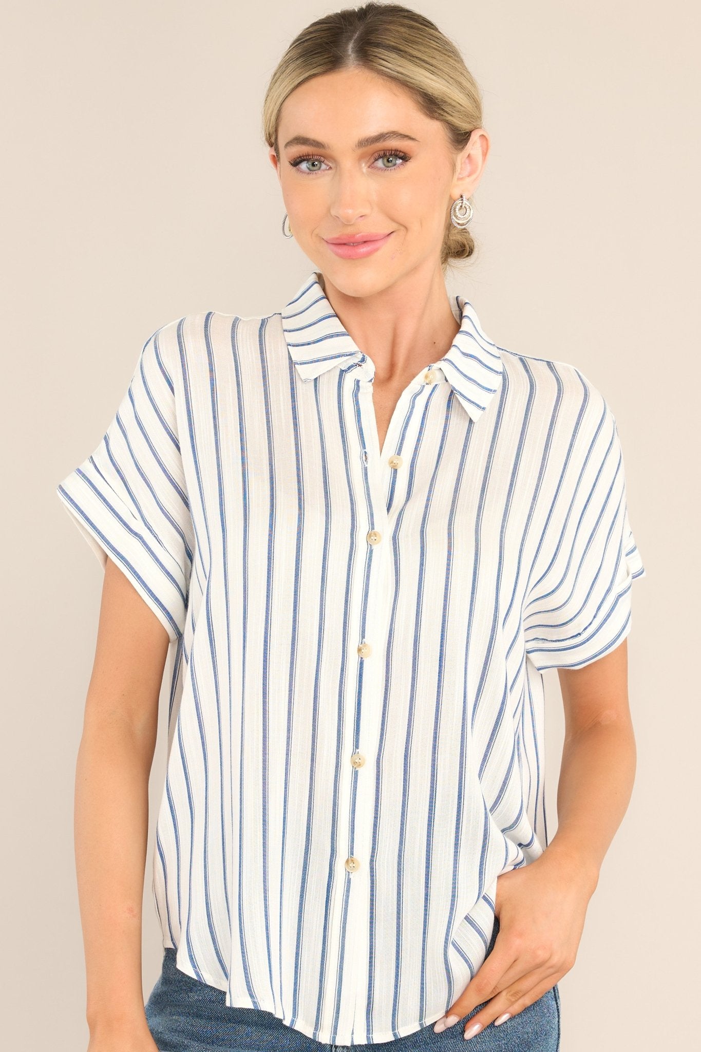 Get To Work Blue Striped Button Front Top - Red Dress