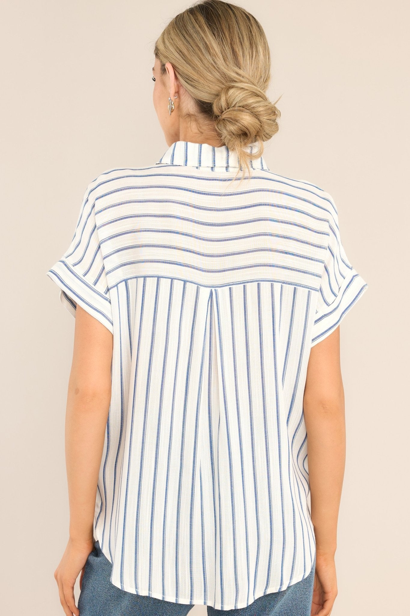 Get To Work Blue Striped Button Front Top - Red Dress