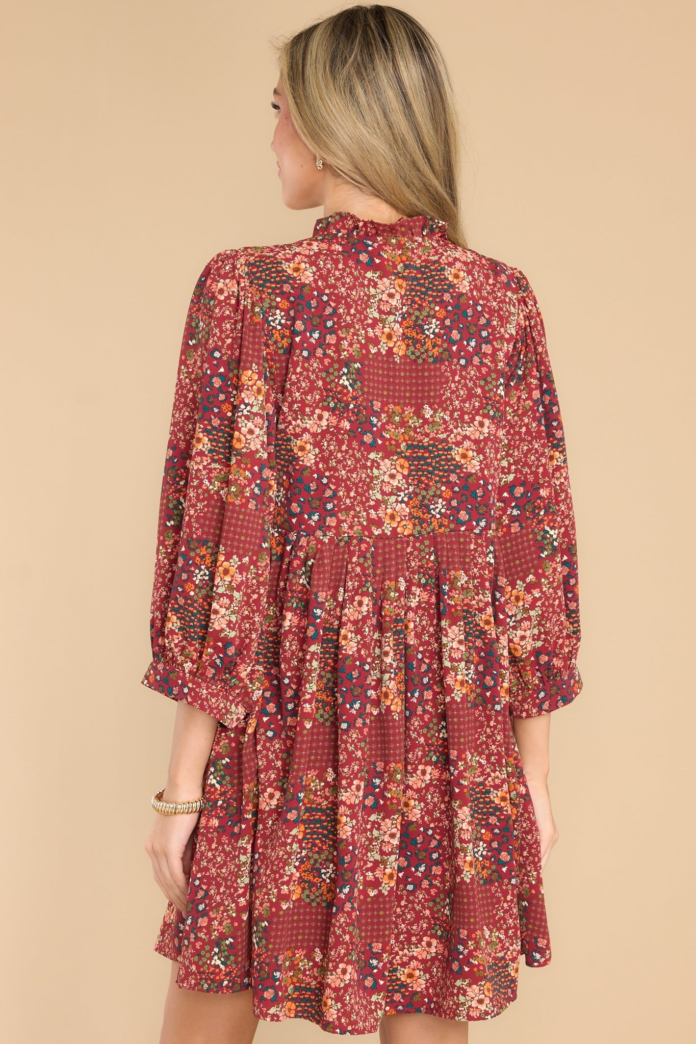 Going With The Season Burgundy Floral Print Dress - Red Dress