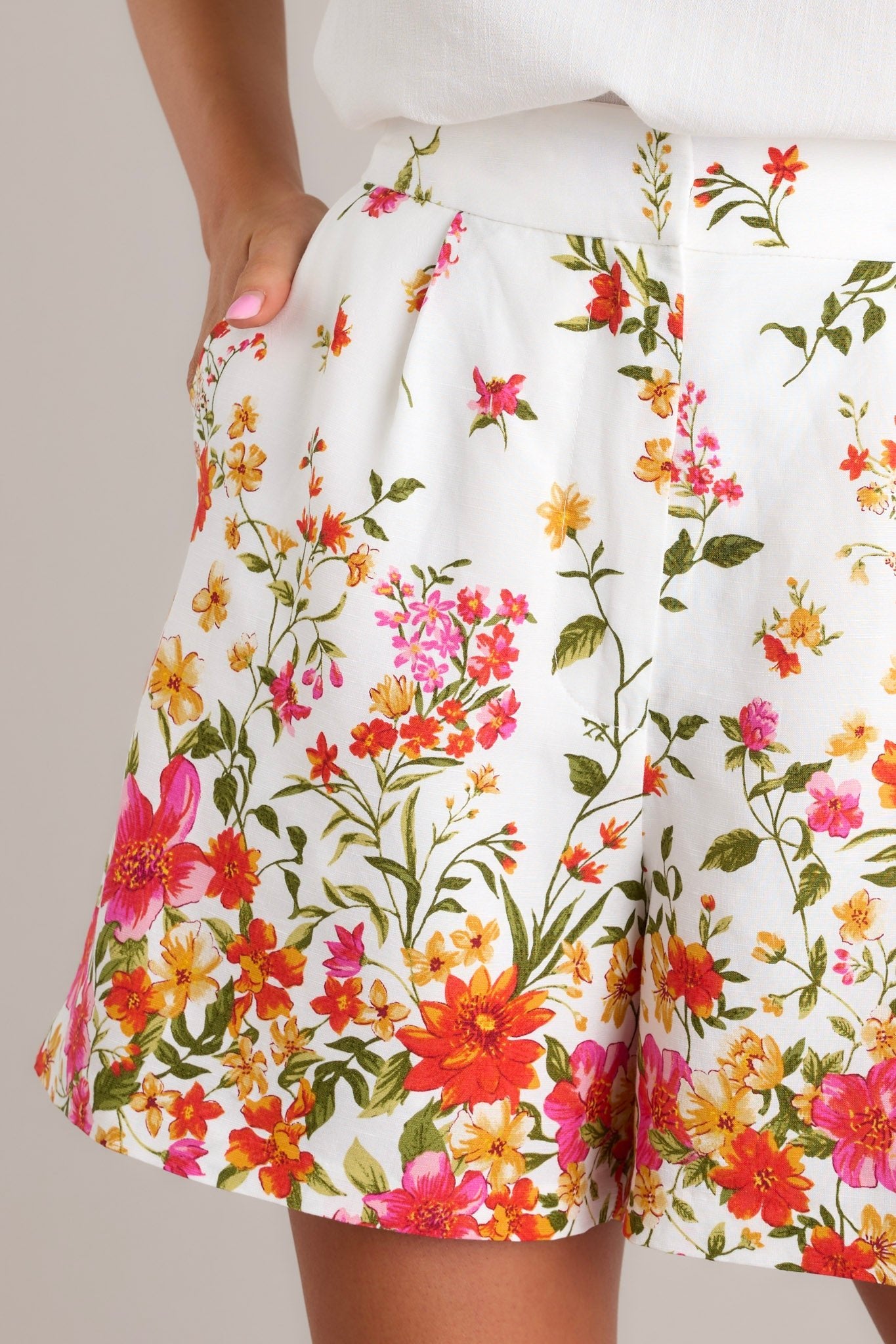 Golden Afternoon Ivory Floral Linen Shorts - Red Dress