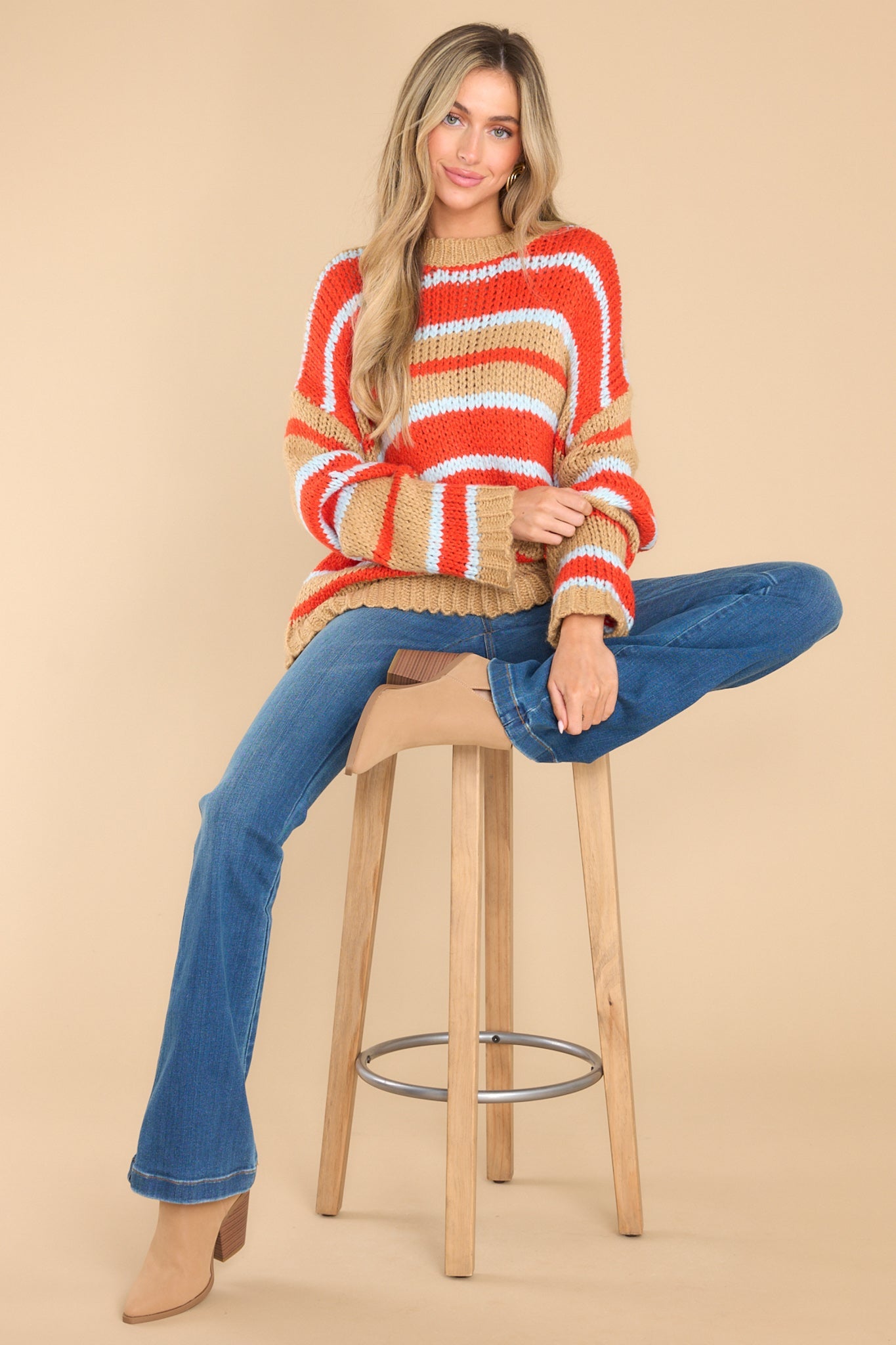 Good Pep Talk Tan Multi Stripe Sweater - Red Dress