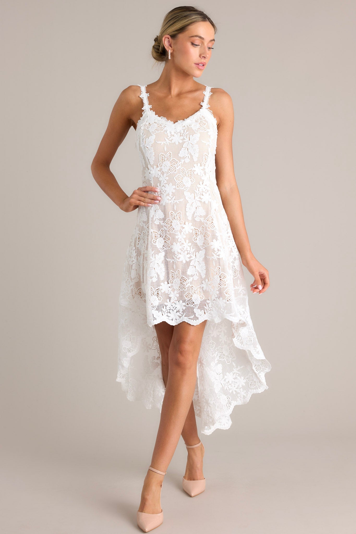 Graceful Bloom White Lace High Low Dress - Red Dress