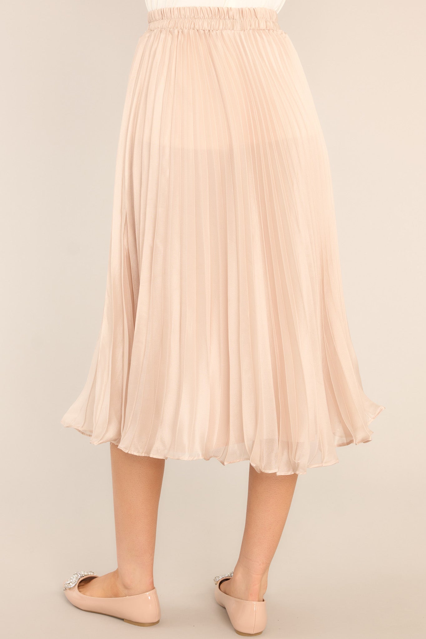 Graceful Champagne Pleated Satin Midi Skirt - Red Dress