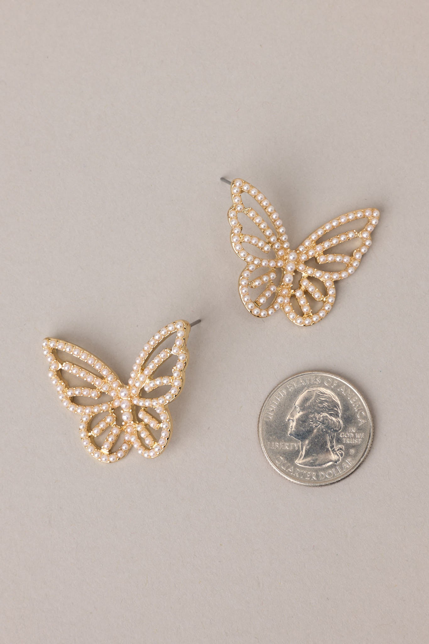 Graceful Flutter Gold Pearl Butterfly Earrings - Red Dress