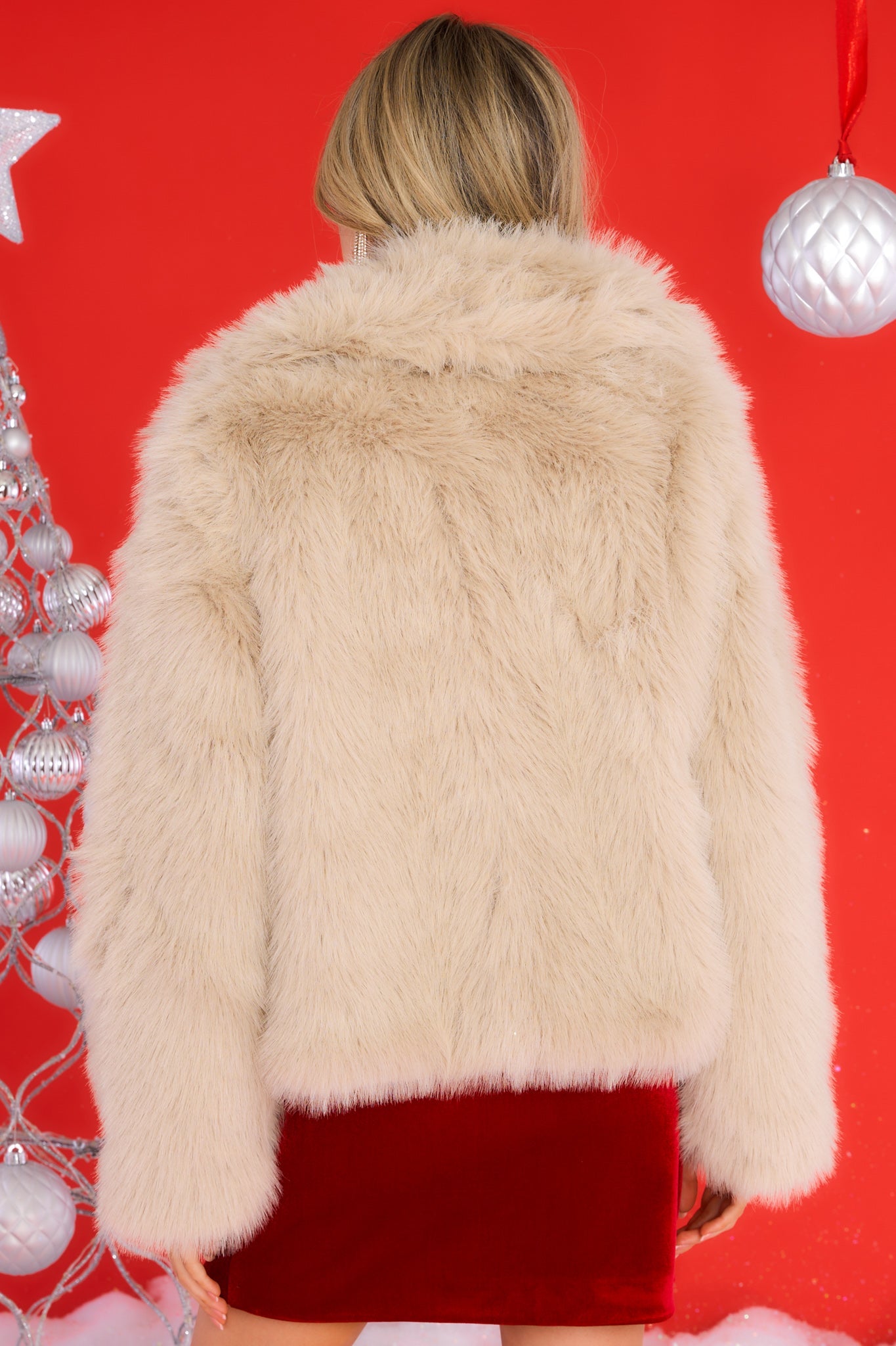 Had Enough Beige Faux Fur Jacket - Red Dress