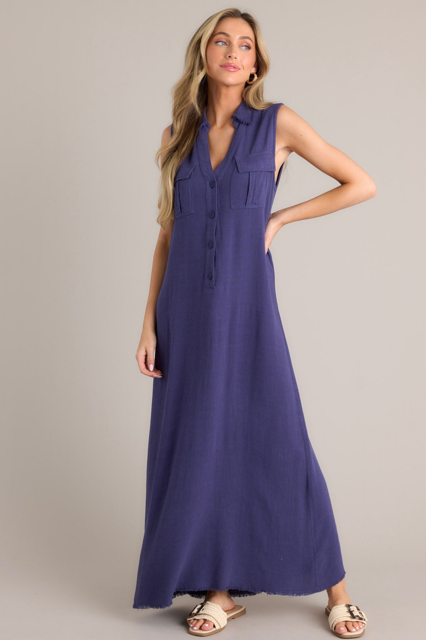 Navy Blue Collared Sleeveless Maxi Dress - All Dresses | Red Dress