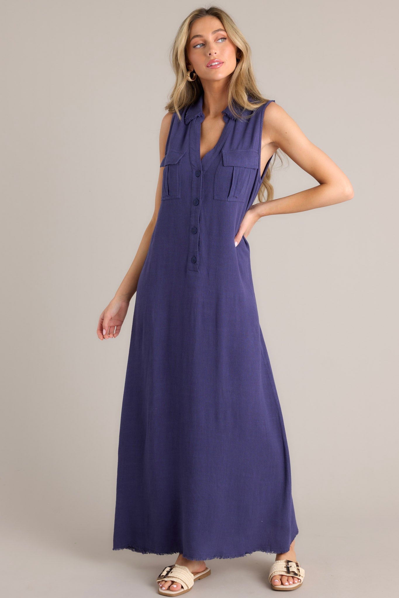 Harbor Breeze Navy Blue Collared Sleeveless Maxi Dress - Red Dress