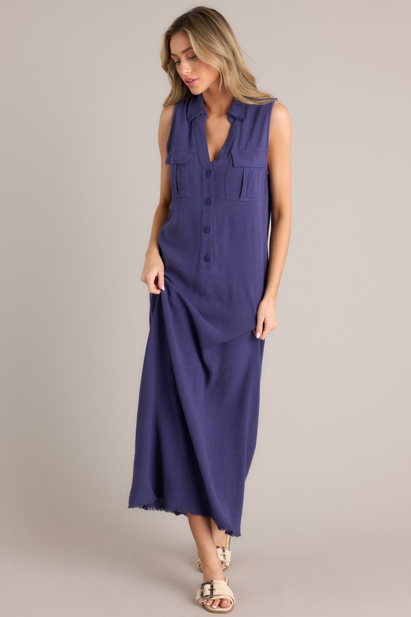 Harbor Breeze Navy Blue Collared Sleeveless Maxi Dress - Red Dress