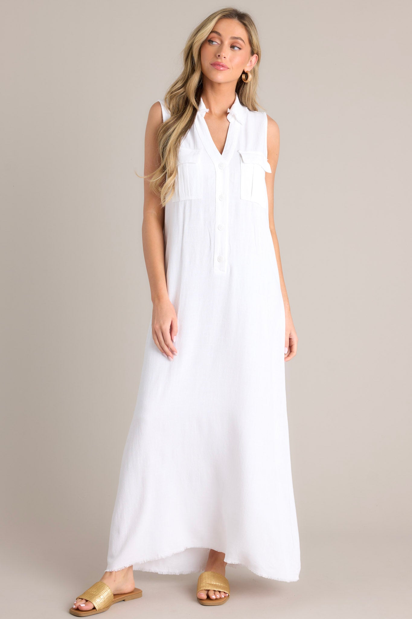 Harbor Breeze White Collared Sleeveless Maxi Dress - Red Dress