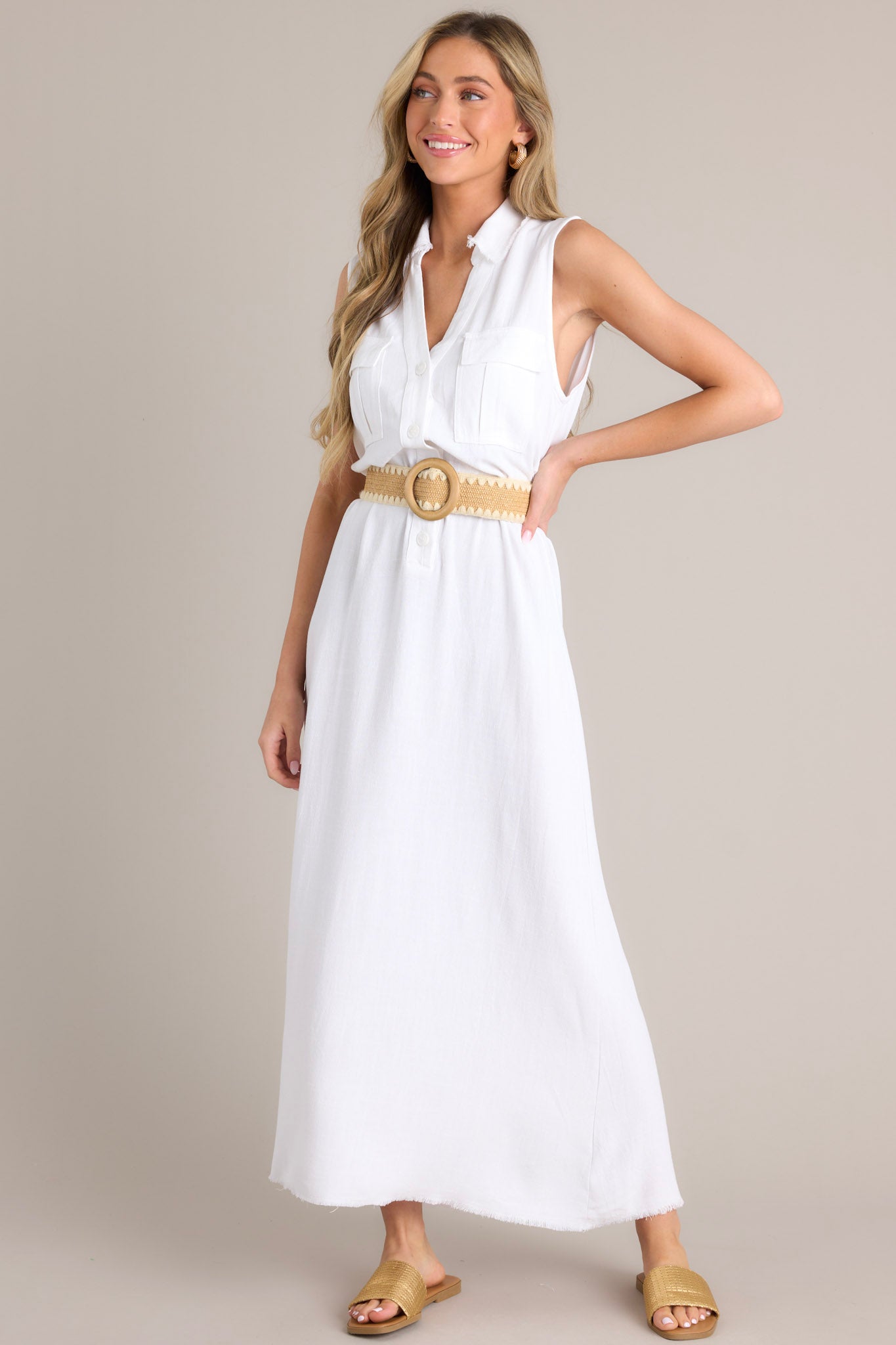 Harbor Breeze White Collared Sleeveless Maxi Dress - Red Dress