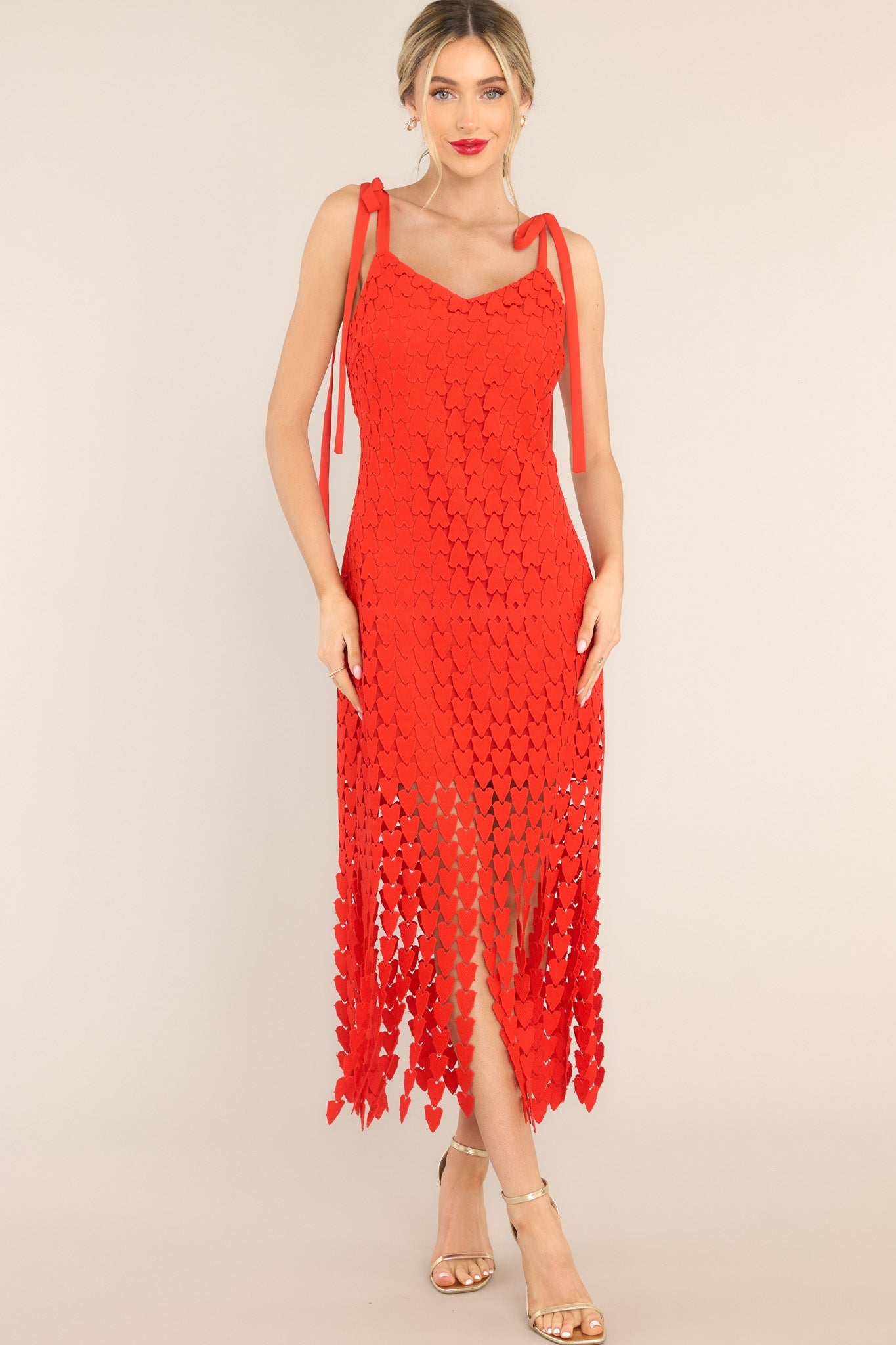 Heart On Display Red Heart Lace Midi Dress - Red Dress