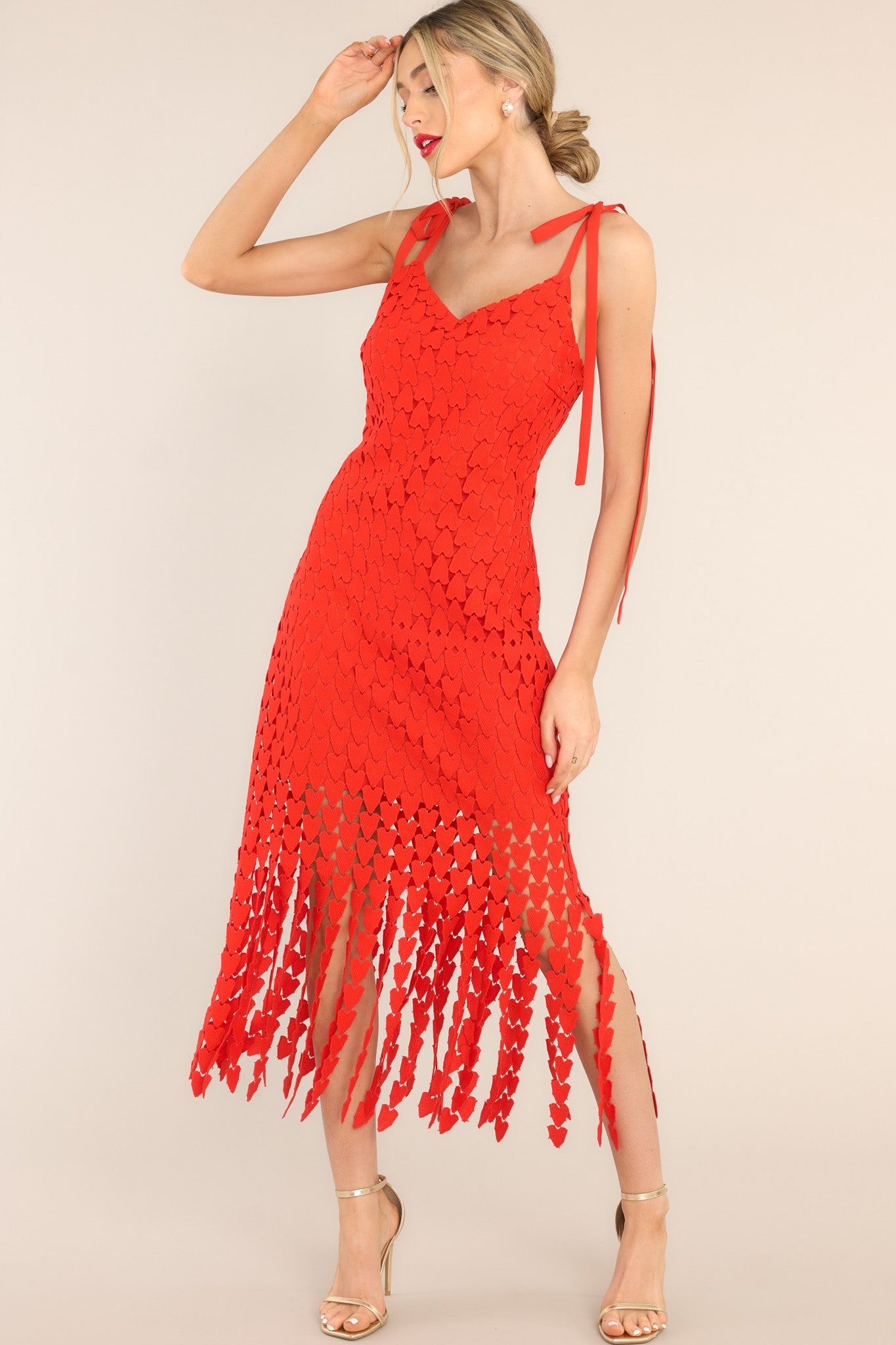 Heart On Display Red Heart Lace Midi Dress - Red Dress