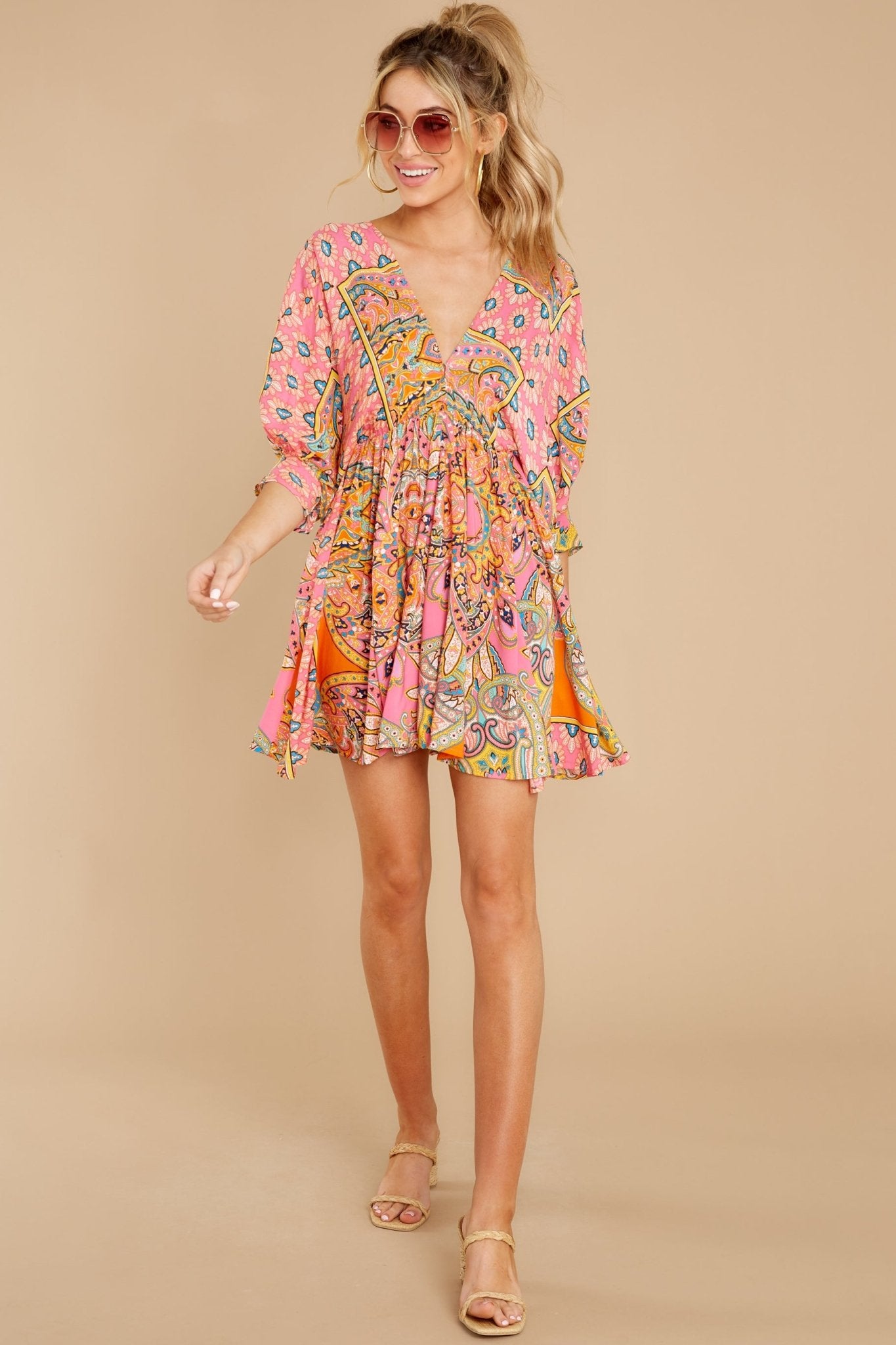 Here's To The Chase Pink Multi Print Dress - Red Dress