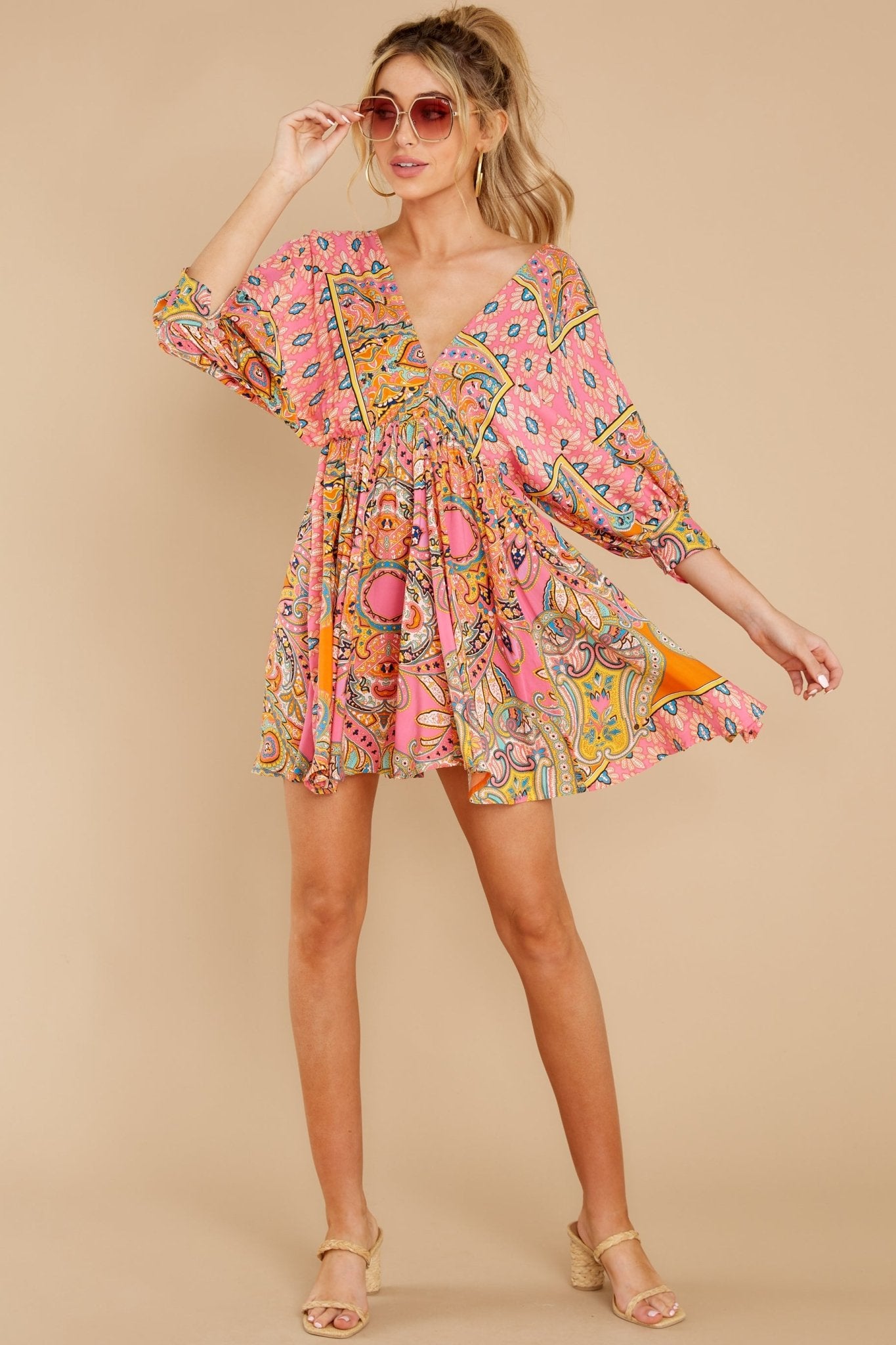 Here's To The Chase Pink Multi Print Dress - Red Dress