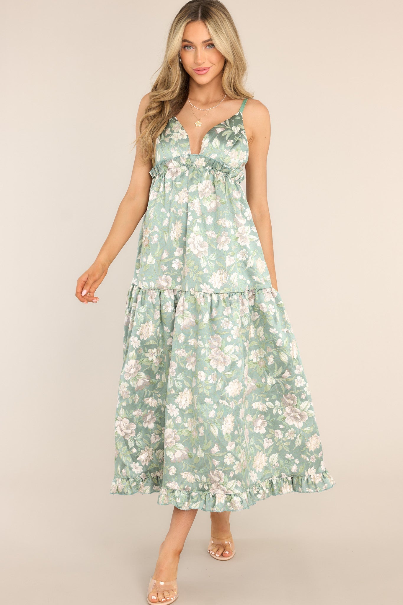 I Can’t Wait Sage Green Jacquard Floral Maxi Dress - Red Dress