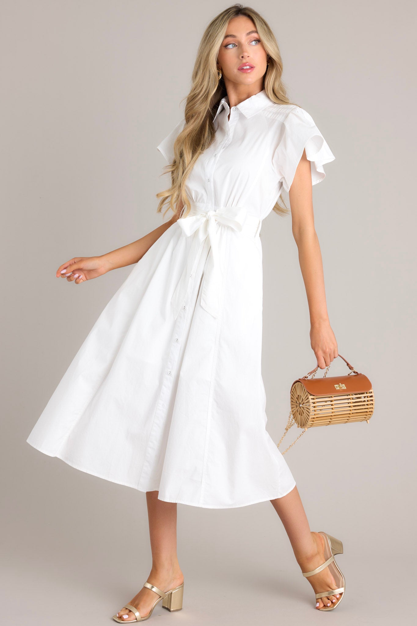 I Just Know White Cotton Button Front Midi Dress - Red Dress