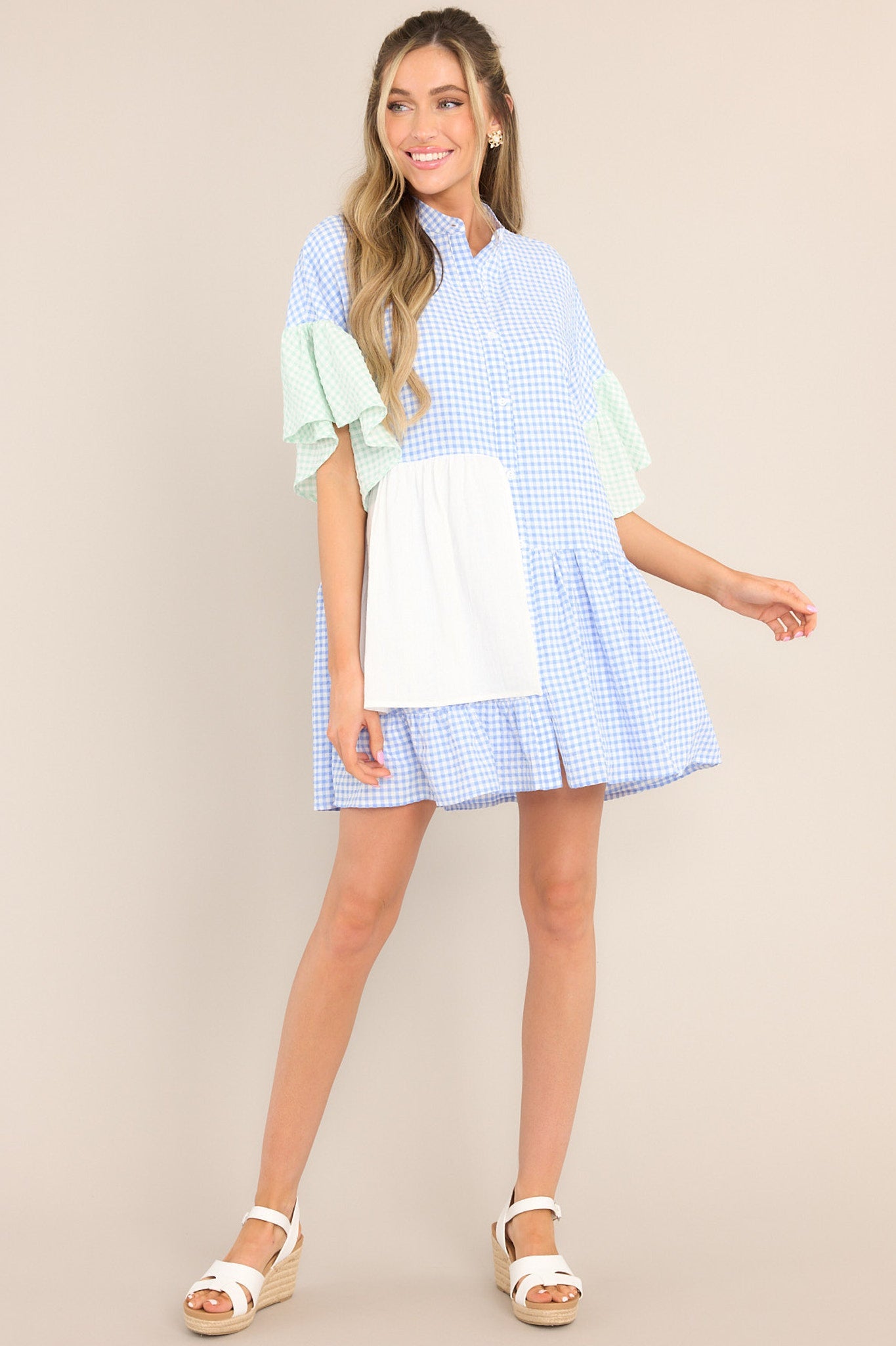 In My Moment Light Blue Gingham Dress - Red Dress