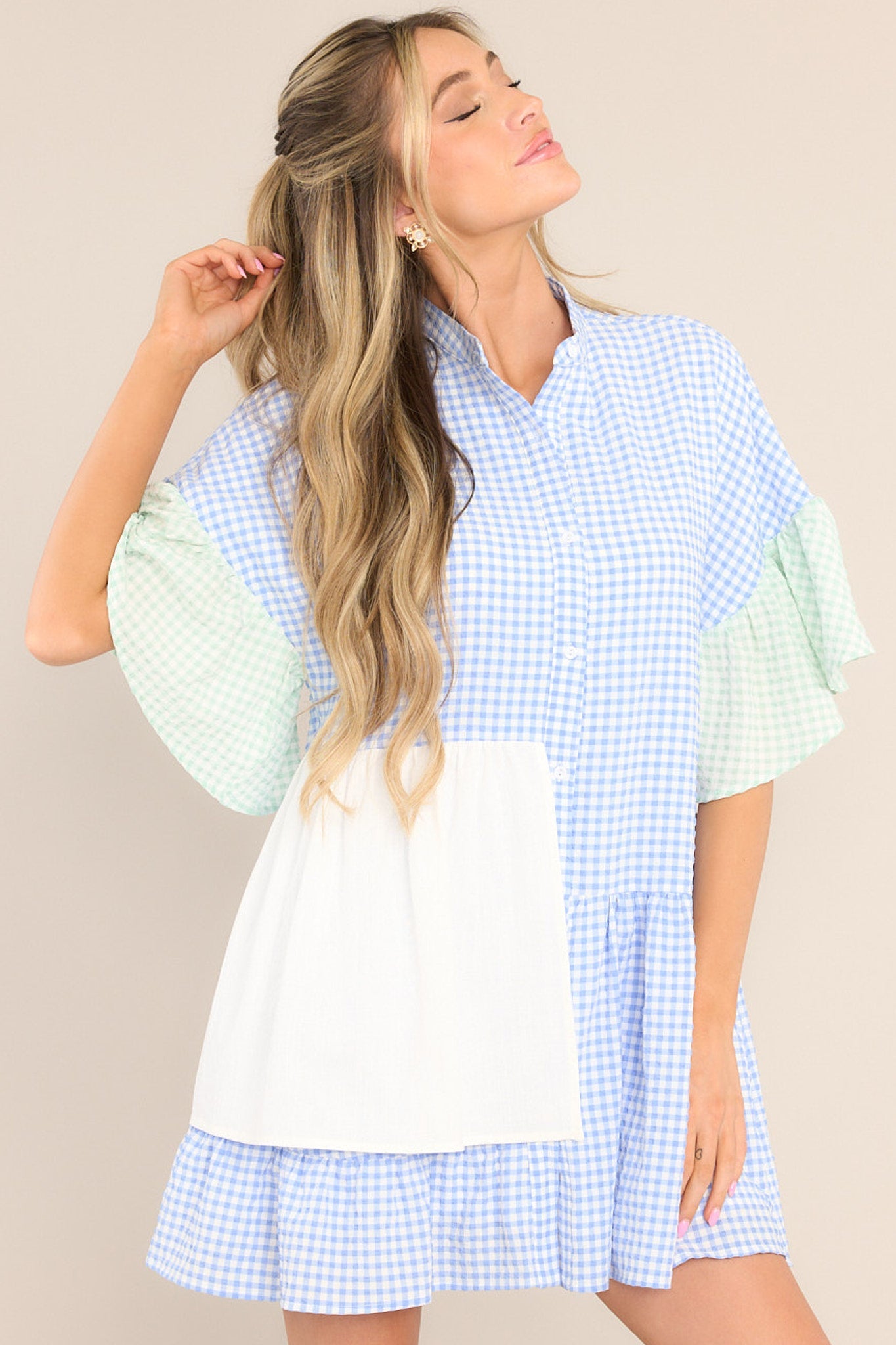 In My Moment Light Blue Gingham Dress - Red Dress