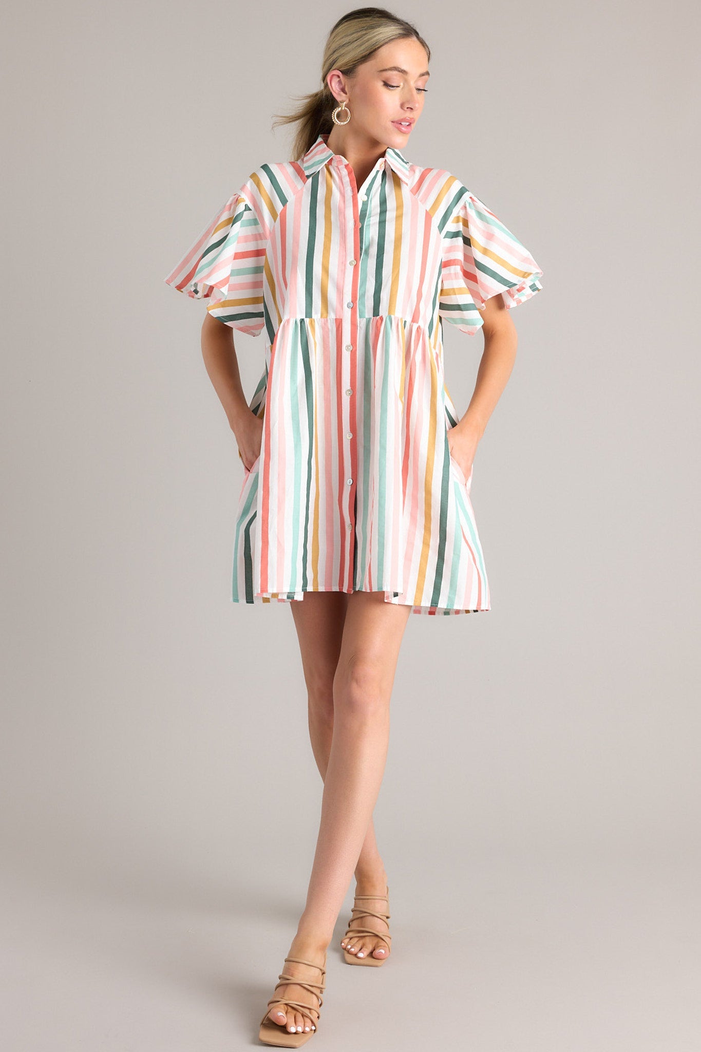 In The Clouds Desert Sage Green Multi Stripe Dress - Red Dress