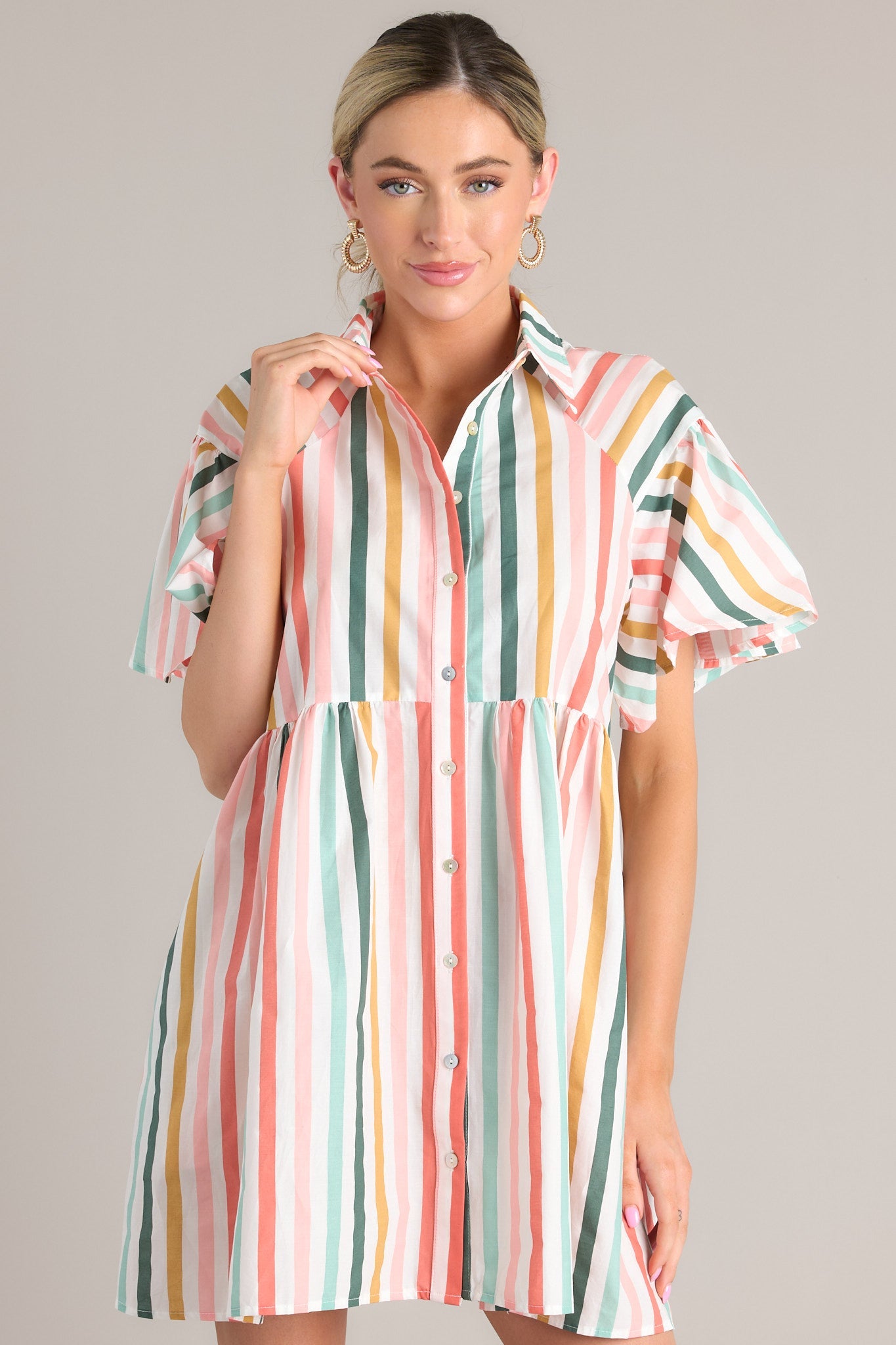 In The Clouds Desert Sage Green Multi Stripe Dress - Red Dress