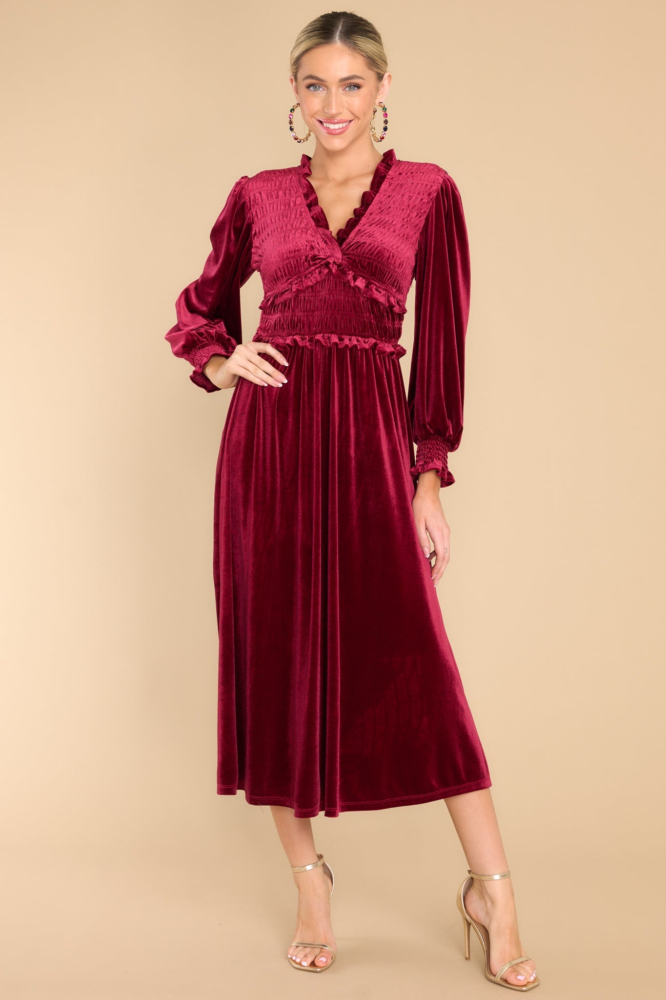 In The Past Burgundy Red Velvet Midi Dress - Red Dress