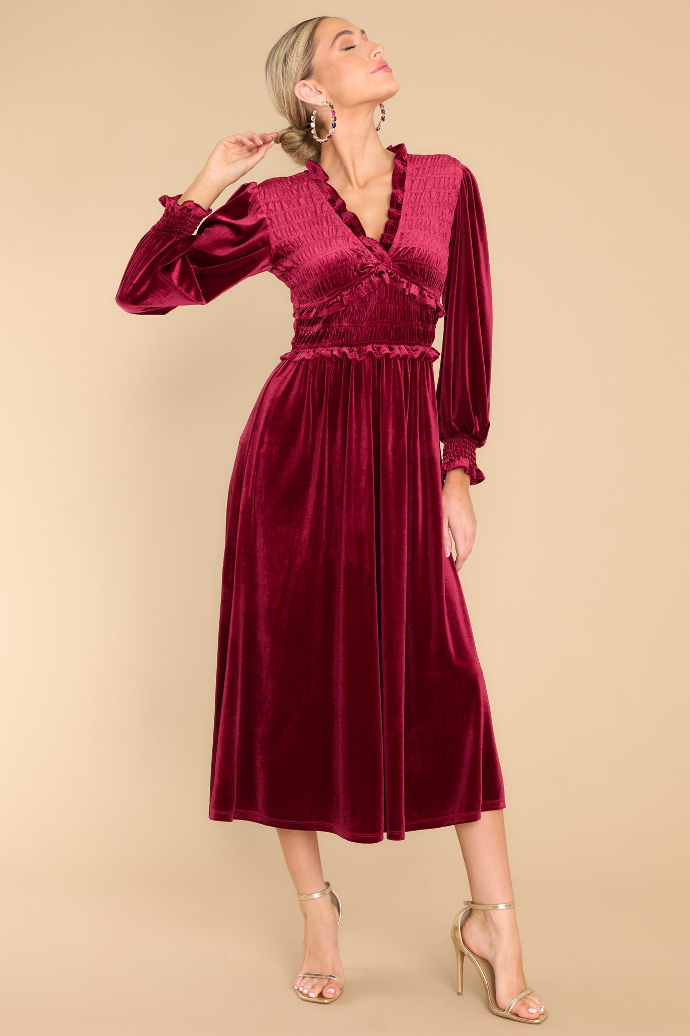 In The Past Burgundy Red Velvet Midi Dress - Red Dress