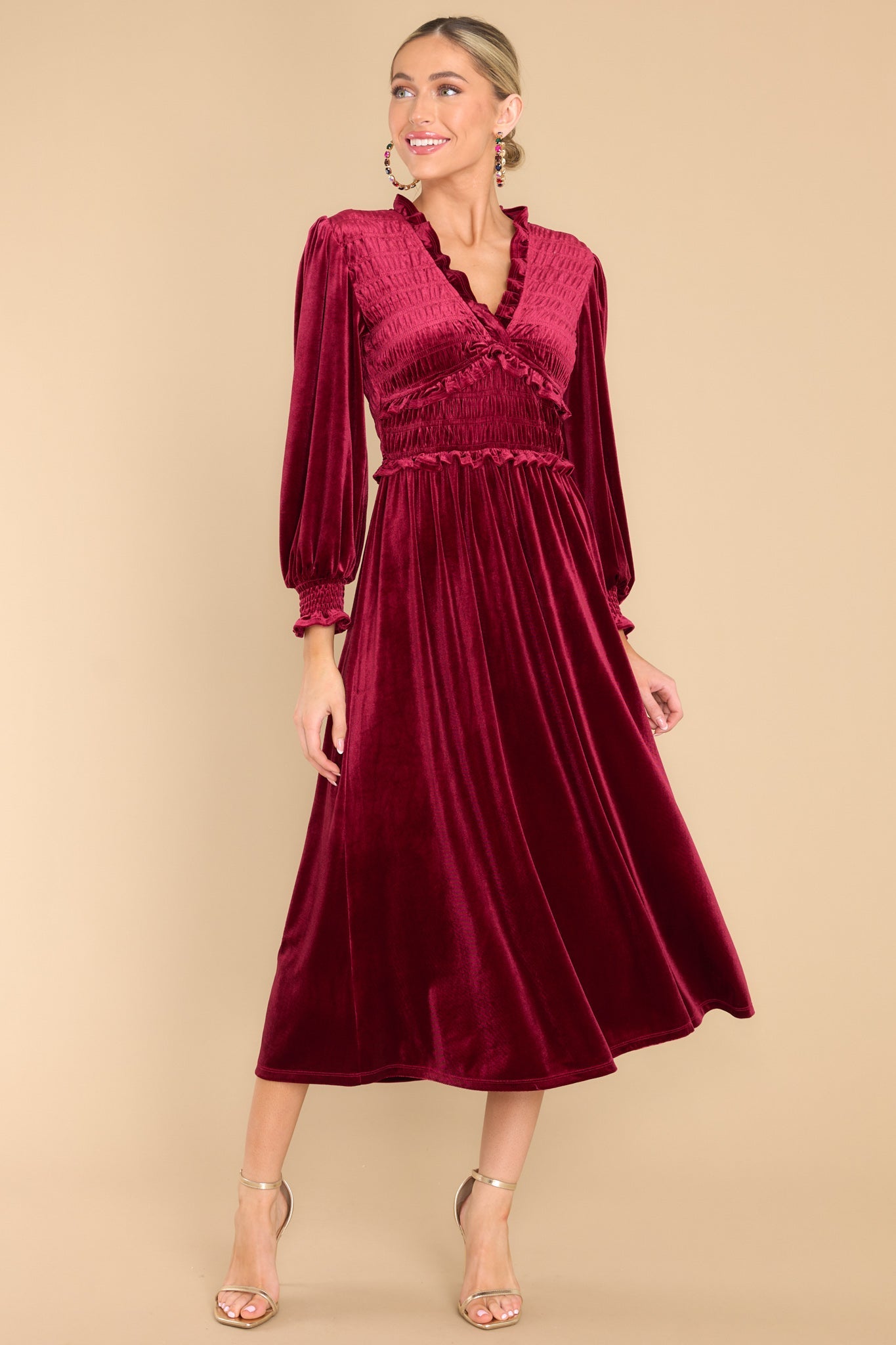 In The Past Burgundy Red Velvet Midi Dress - Red Dress