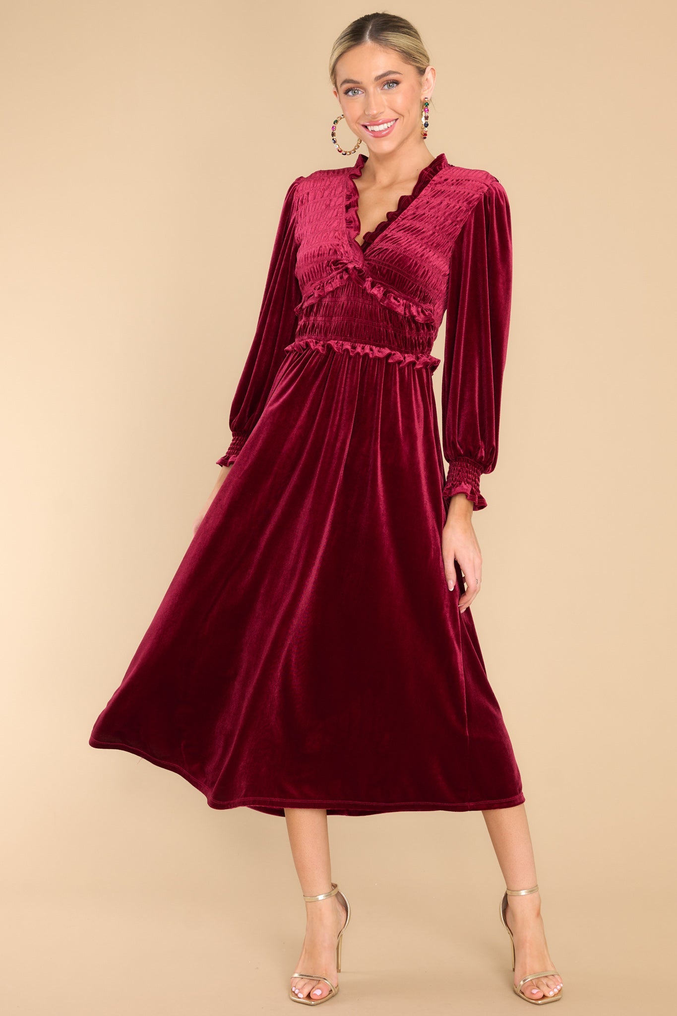 In The Past Burgundy Red Velvet Midi Dress - Red Dress