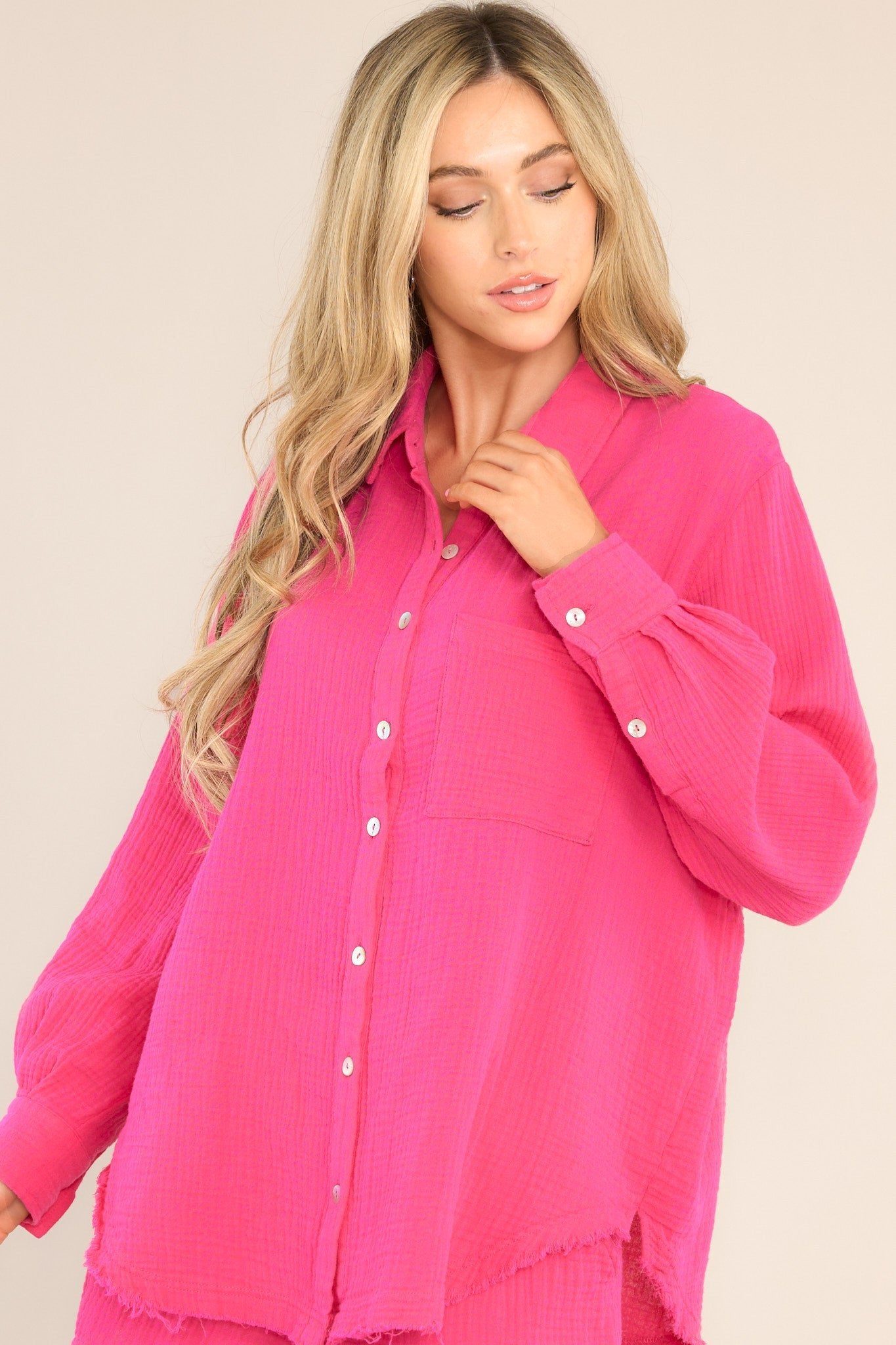 Island Hopping Hot Pink Gauze Button Front Top - Red Dress