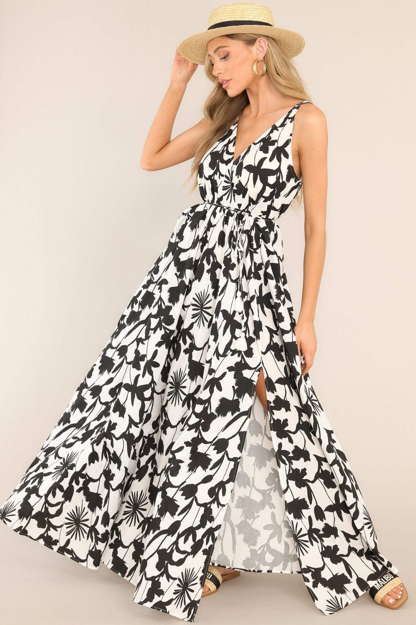 Island Vibes Black & White Print Maxi Dress - Red Dress