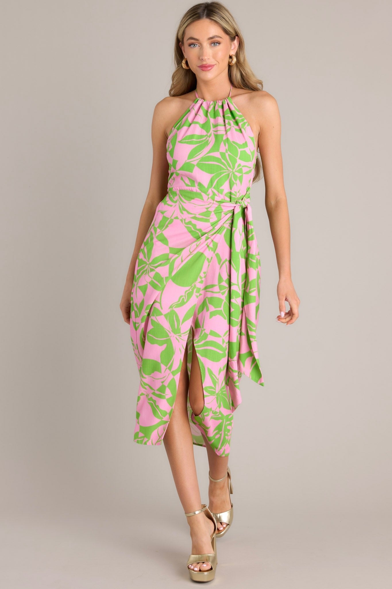 It's Us Pink & Green Tropical Print Halter Midi Dress - Red Dress