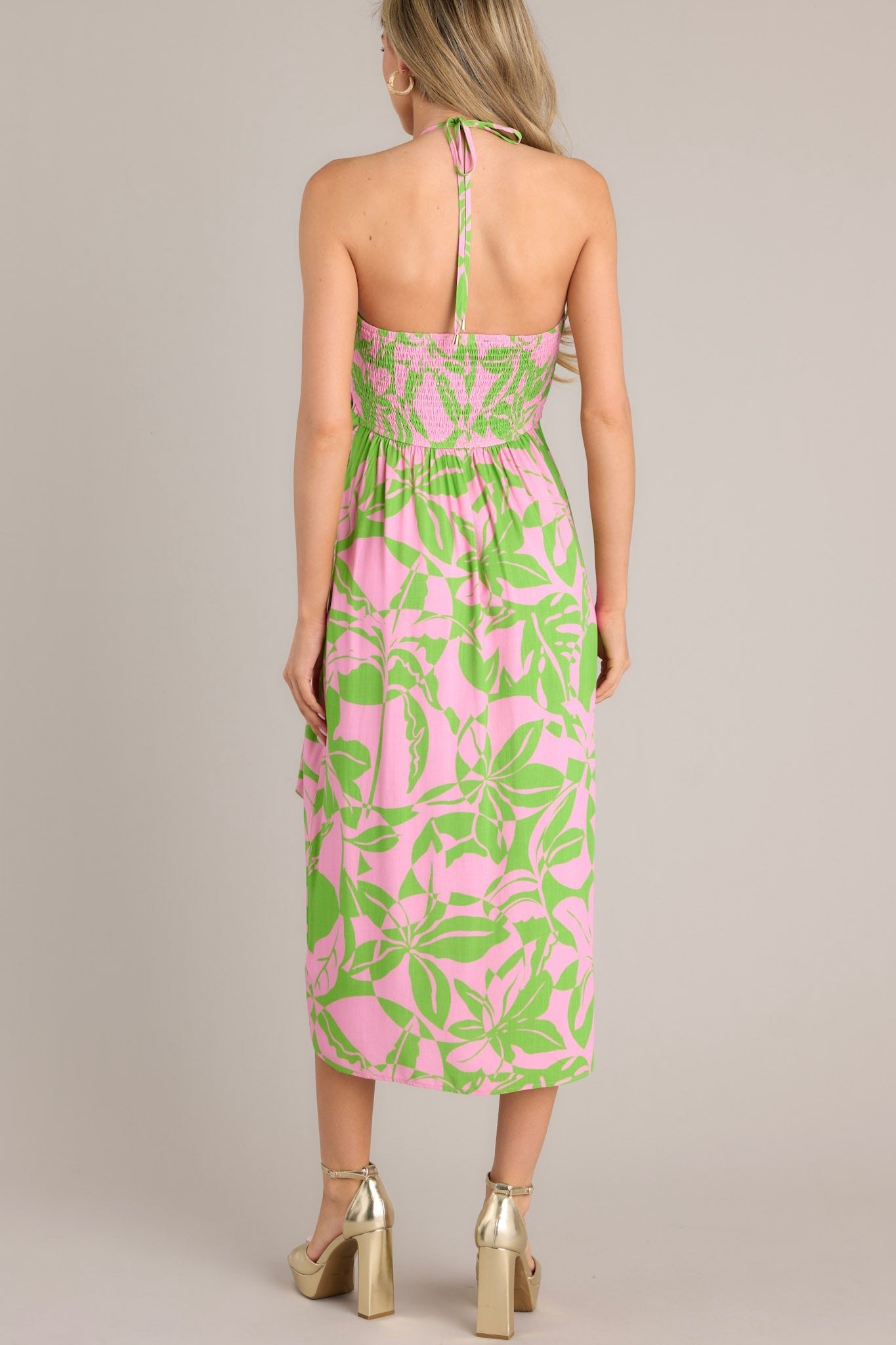 It's Us Pink & Green Tropical Print Halter Midi Dress - Red Dress