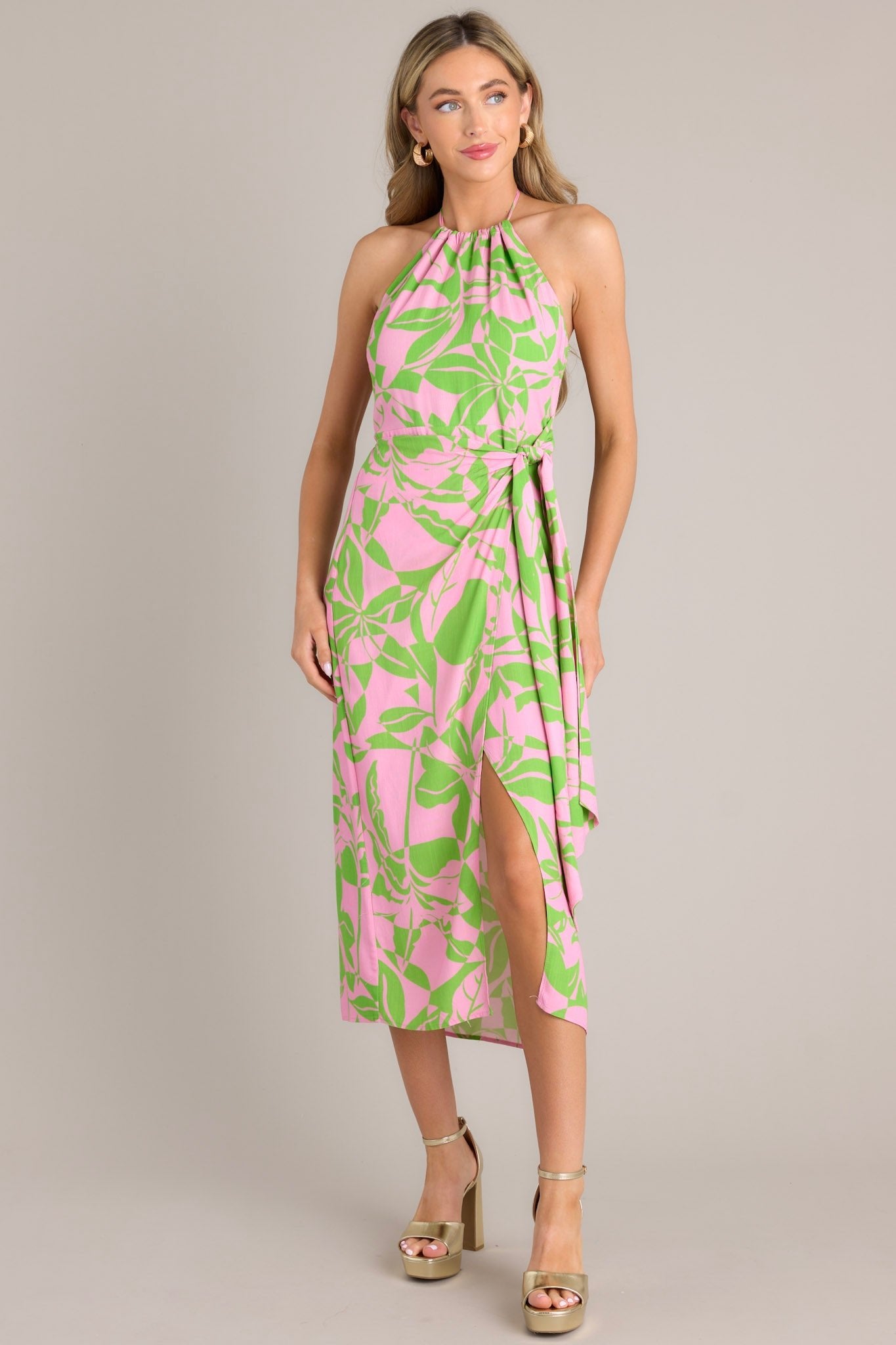 It's Us Pink & Green Tropical Print Halter Midi Dress - Red Dress