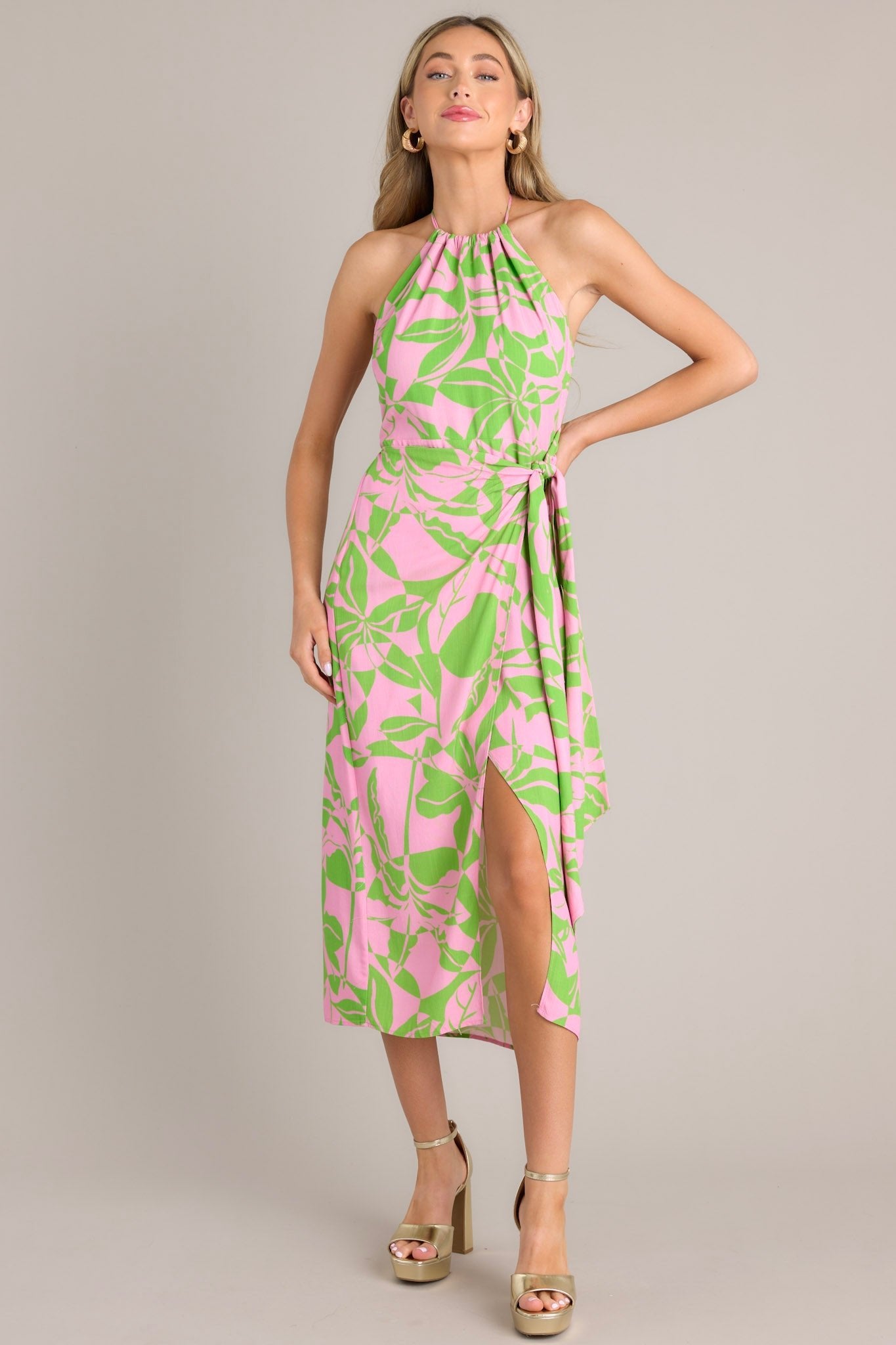 It's Us Pink & Green Tropical Print Halter Midi Dress - Red Dress