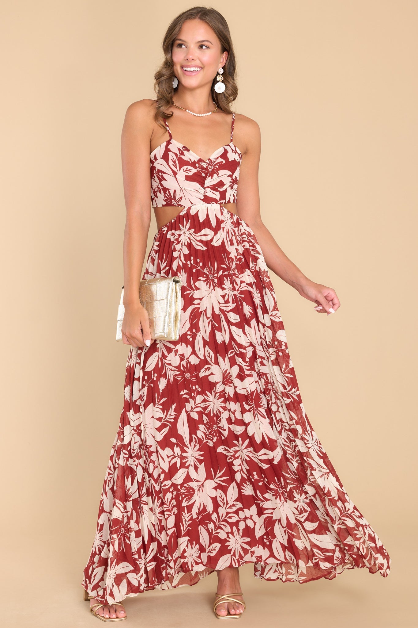 Keep Your Promises Brick Ivory Floral Maxi Dress - Red Dress