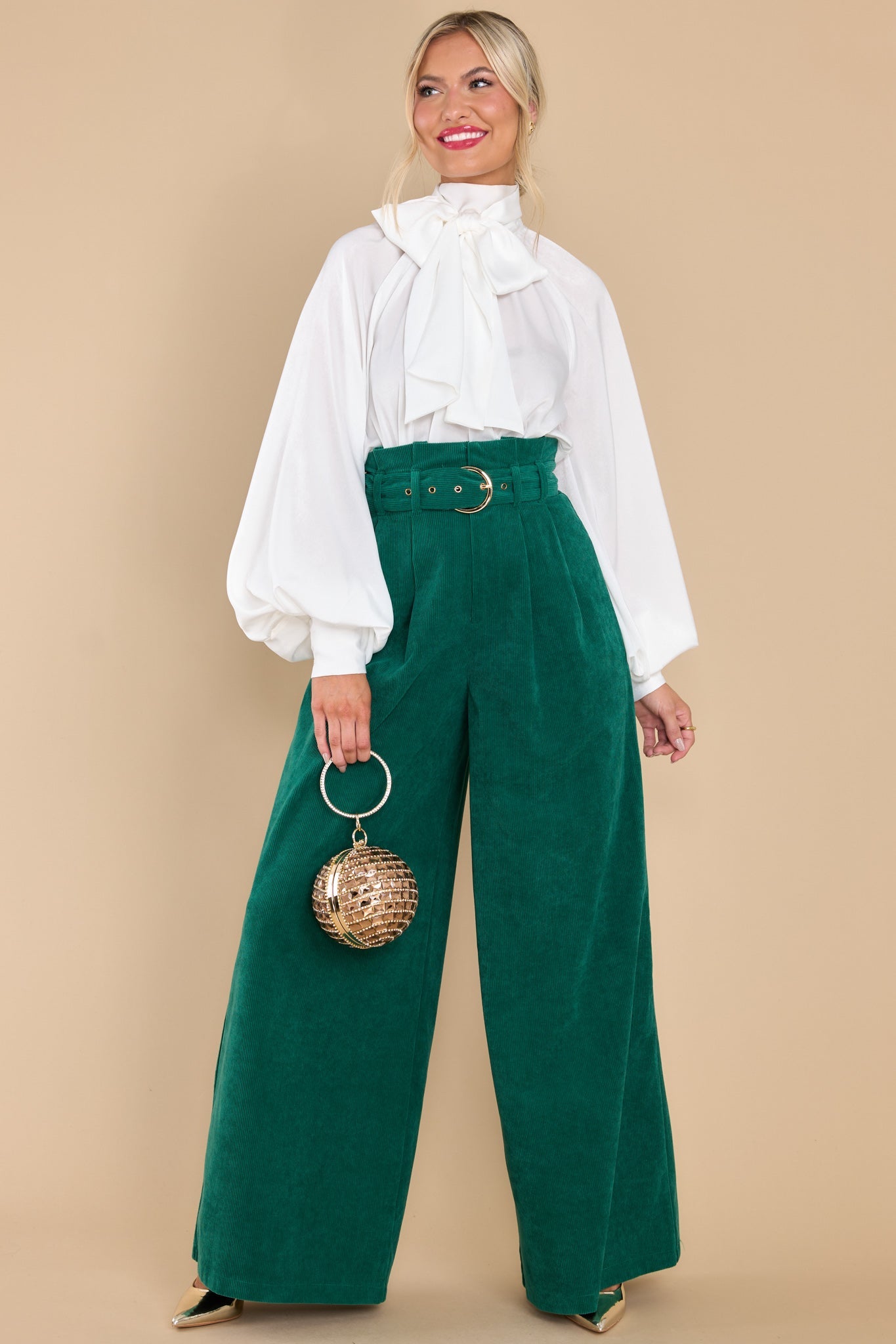 Keeping It Classy Emerald Corduroy Pants - Red Dress