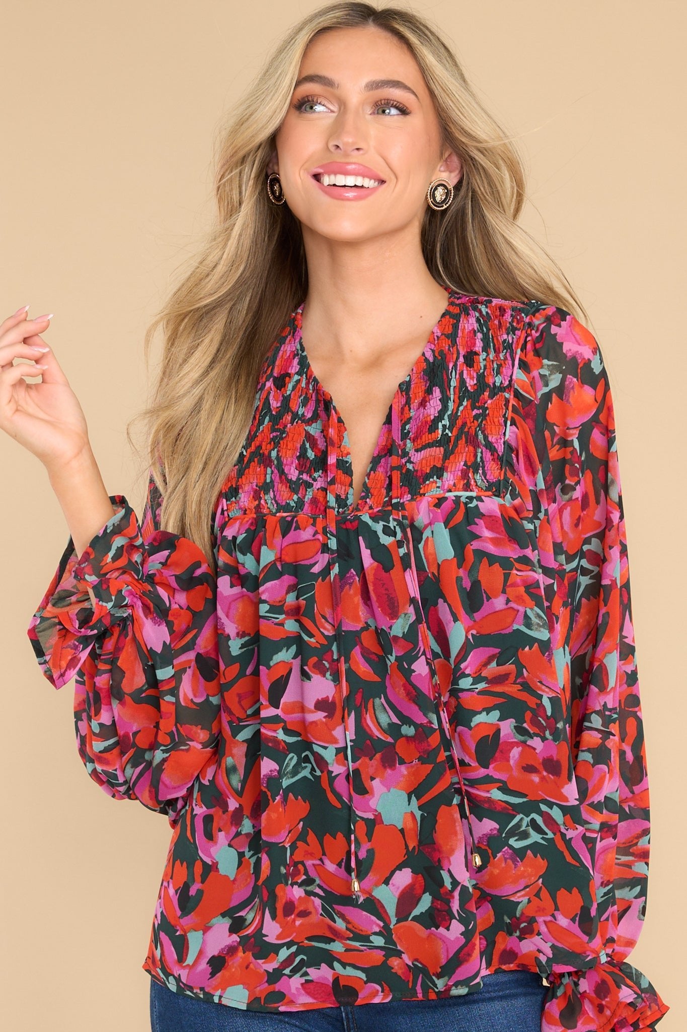 Let's Make Plans Hunter Green Floral Print Top - Red Dress