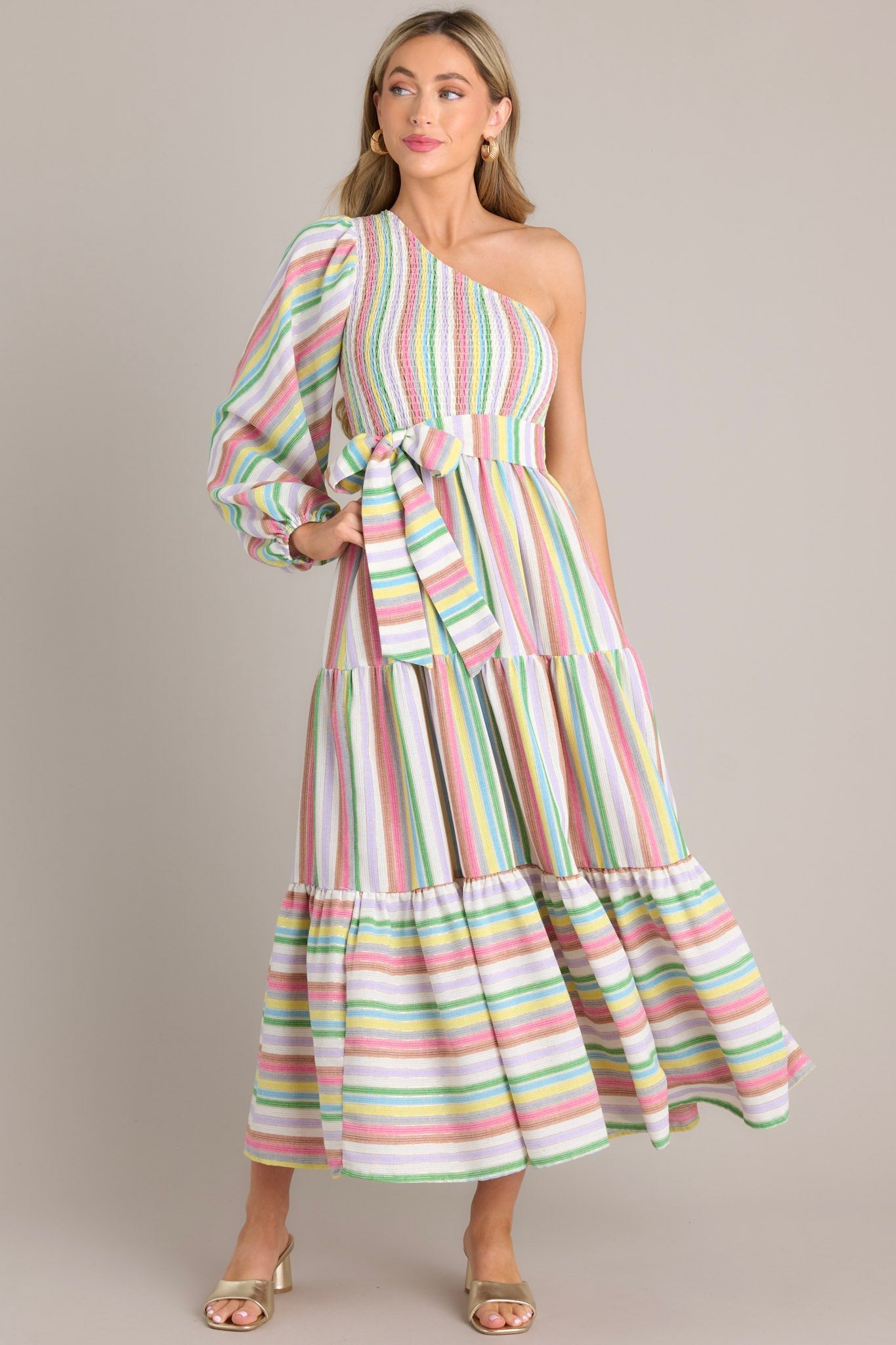 Life Lived Rainbow One Shoulder Maxi Dress - Red Dress