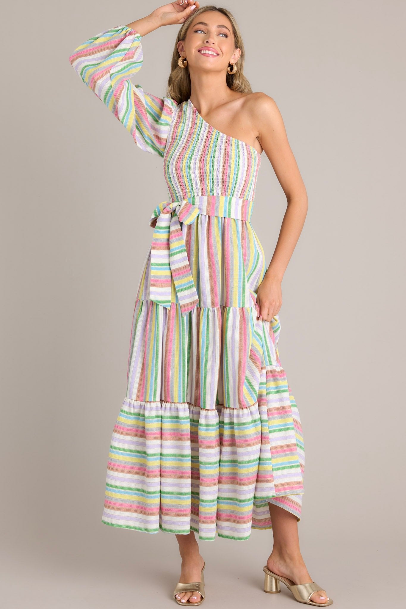 Life Lived Rainbow One Shoulder Maxi Dress - Red Dress