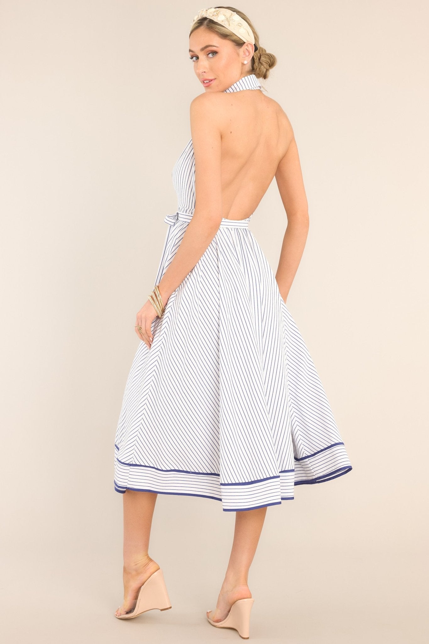 Life's Journey Backless Blue & White Midi Dress - Red Dress