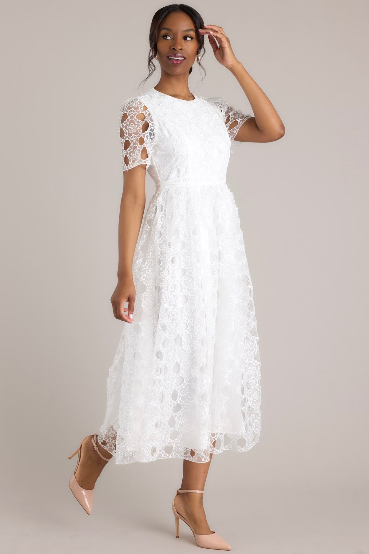 White Floral Embroidered Midi Dress - All Dresses | Red Dress