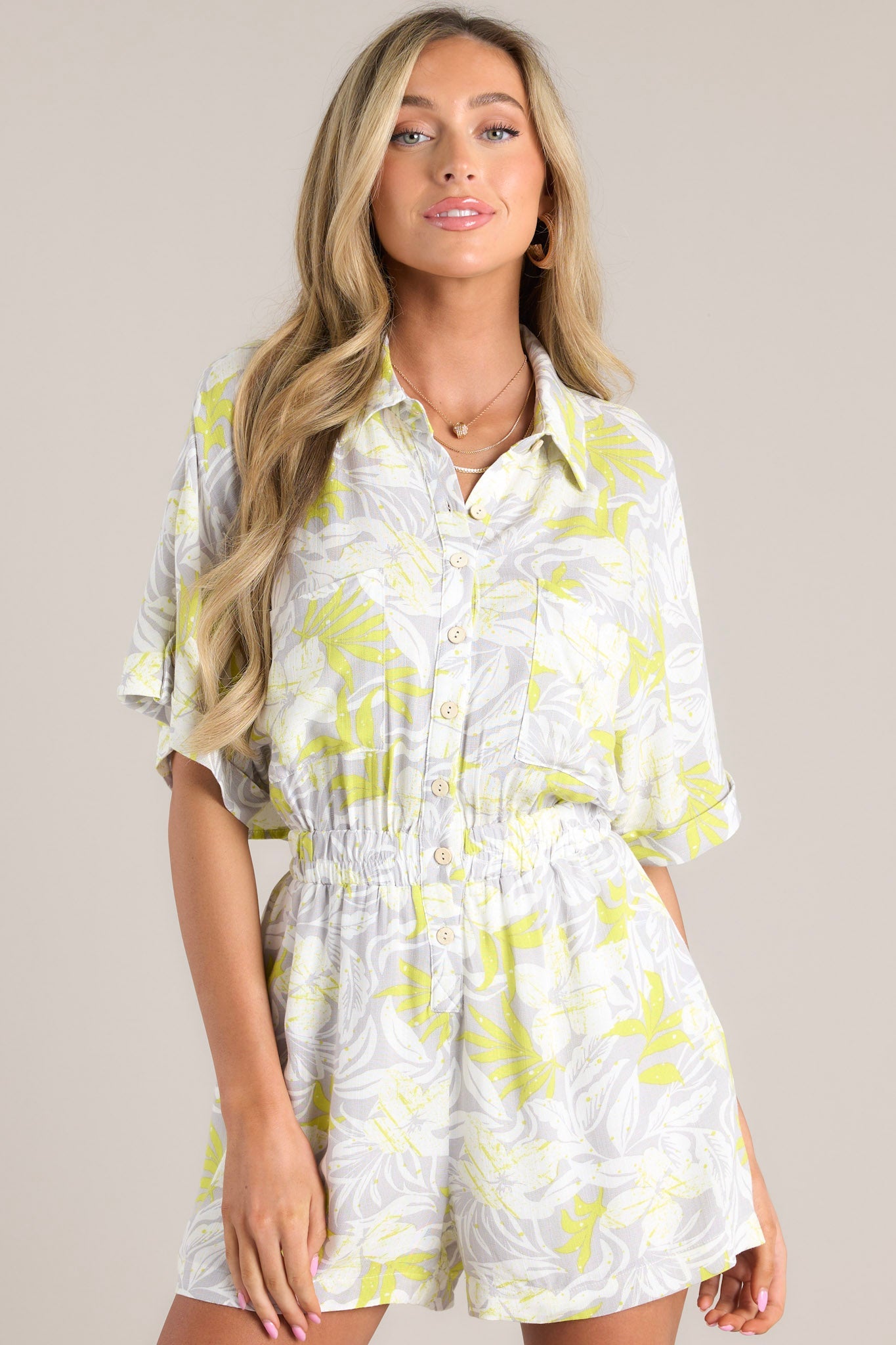 Living Fearlessly Lime Green & Grey Collared Romper - Red Dress