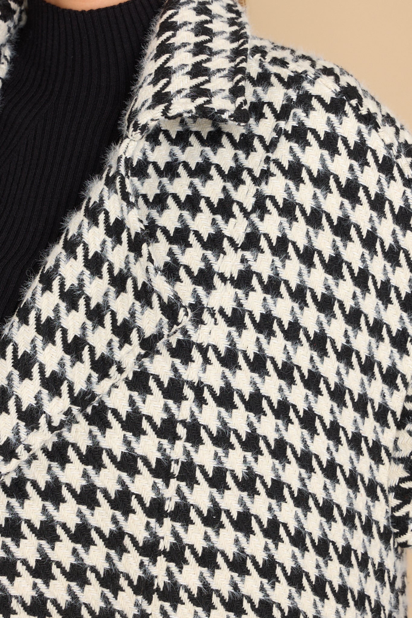 Making It Easy Black & White Houndstooth Coat - Red Dress