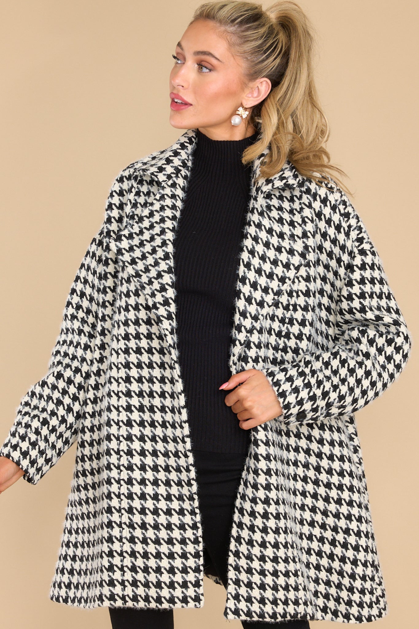 Making It Easy Black & White Houndstooth Coat - Red Dress