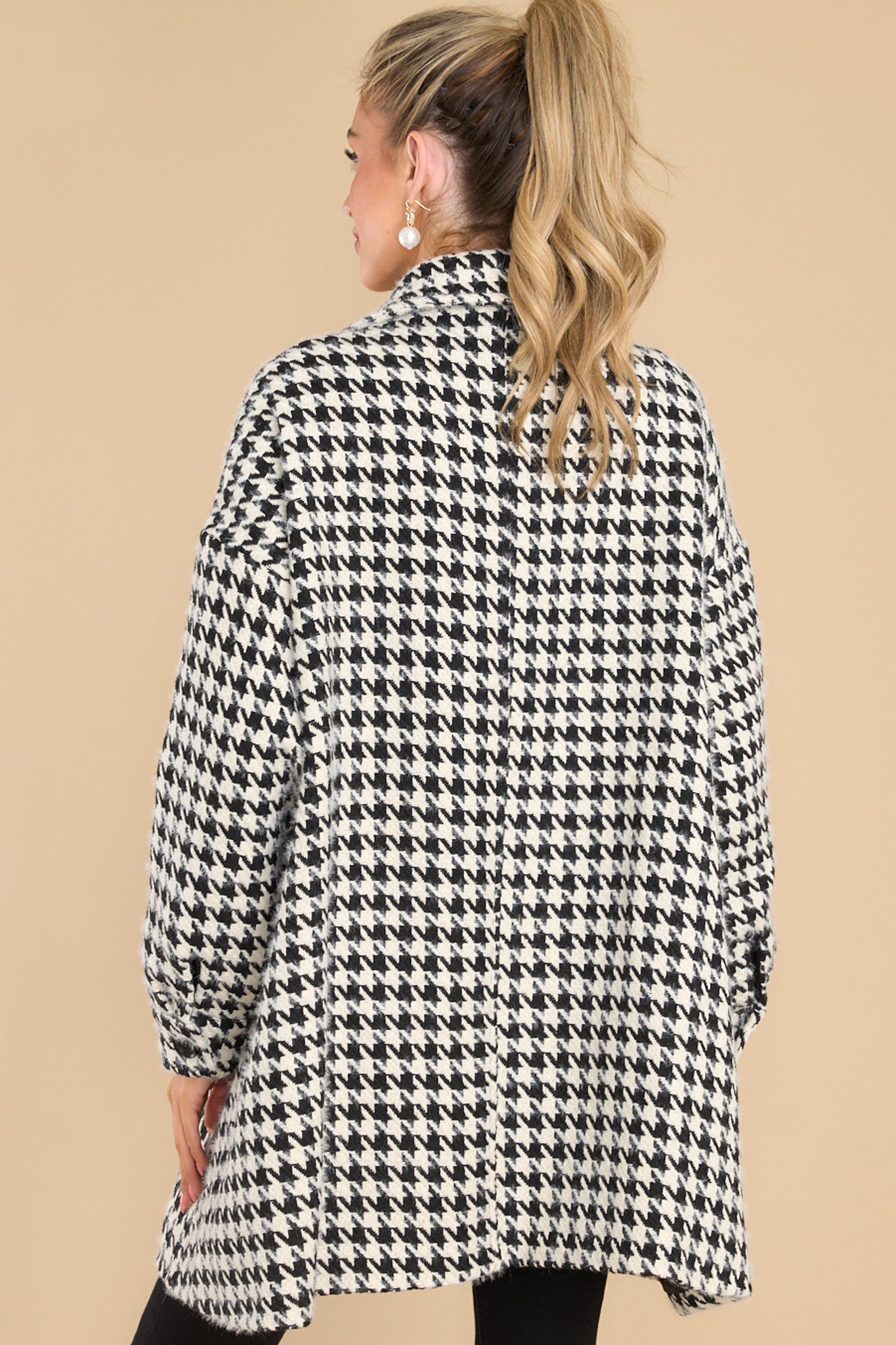 Making It Easy Black & White Houndstooth Coat - Red Dress