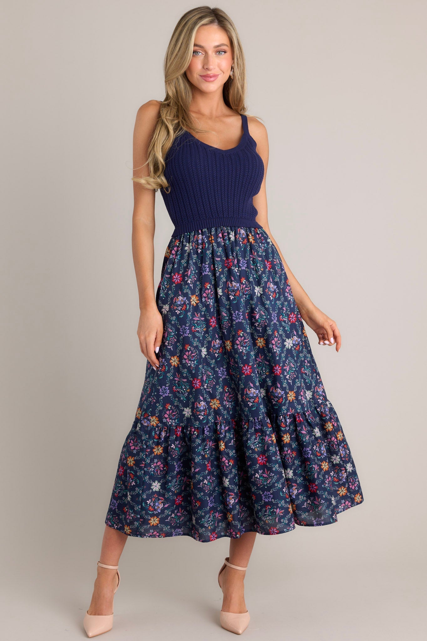 Meadow Mist Navy Floral Print Sweater Maxi Dress - Red Dress