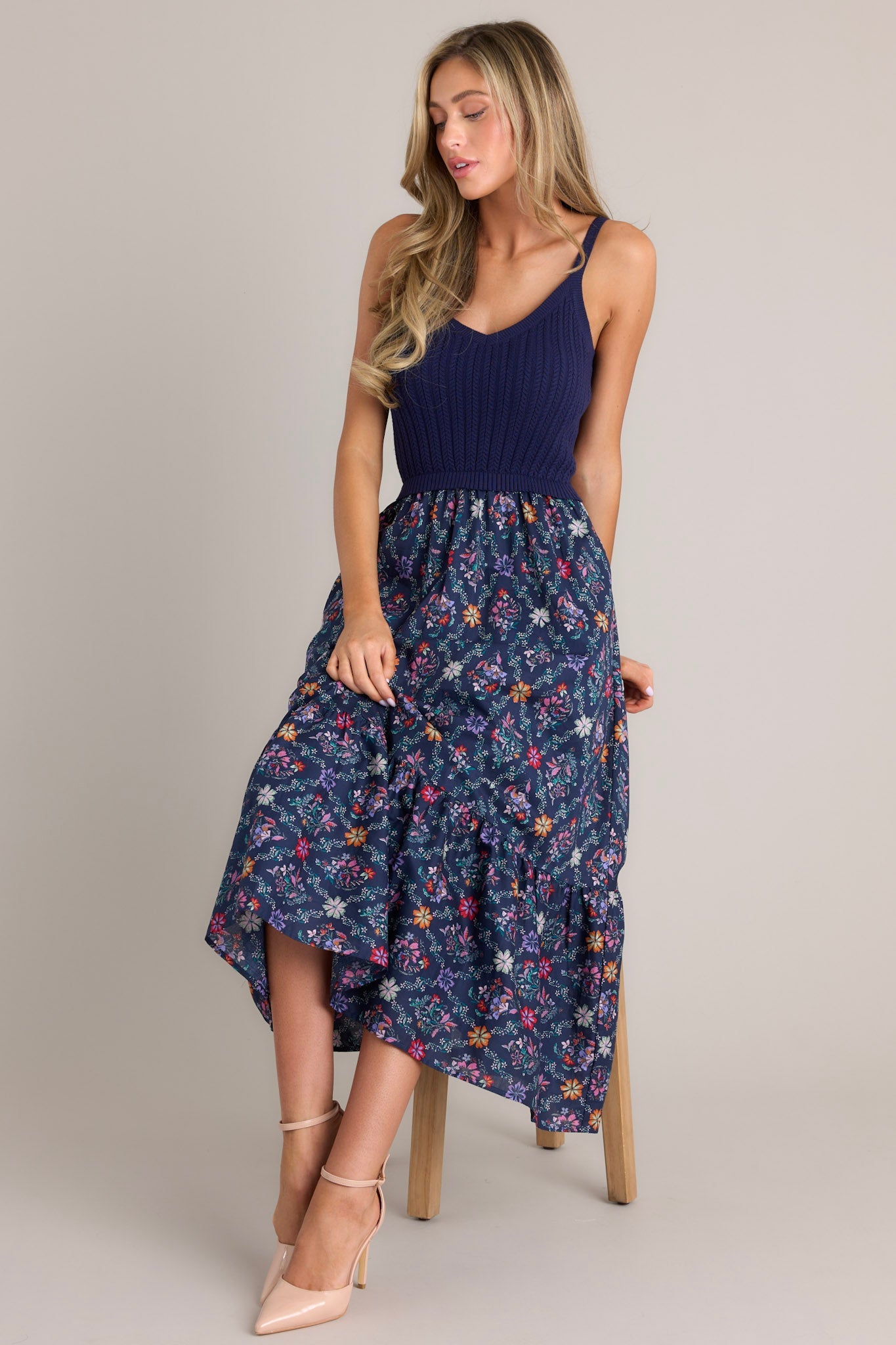 Meadow Mist Navy Floral Print Sweater Maxi Dress - Red Dress